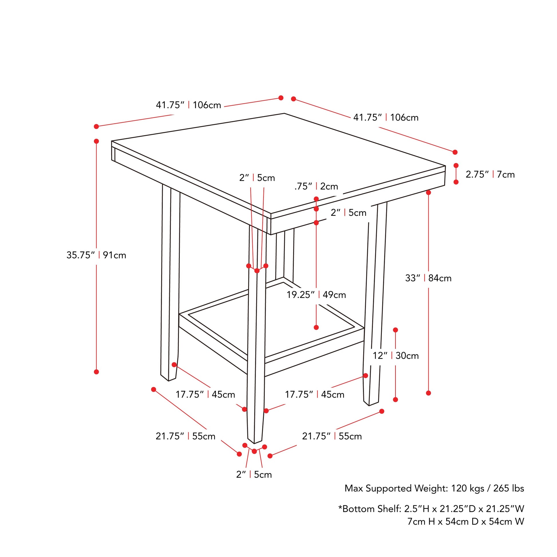 washed grey Counter Height Dining Table Tuscany Collection measurements diagram by CorLiving#color_washed-grey