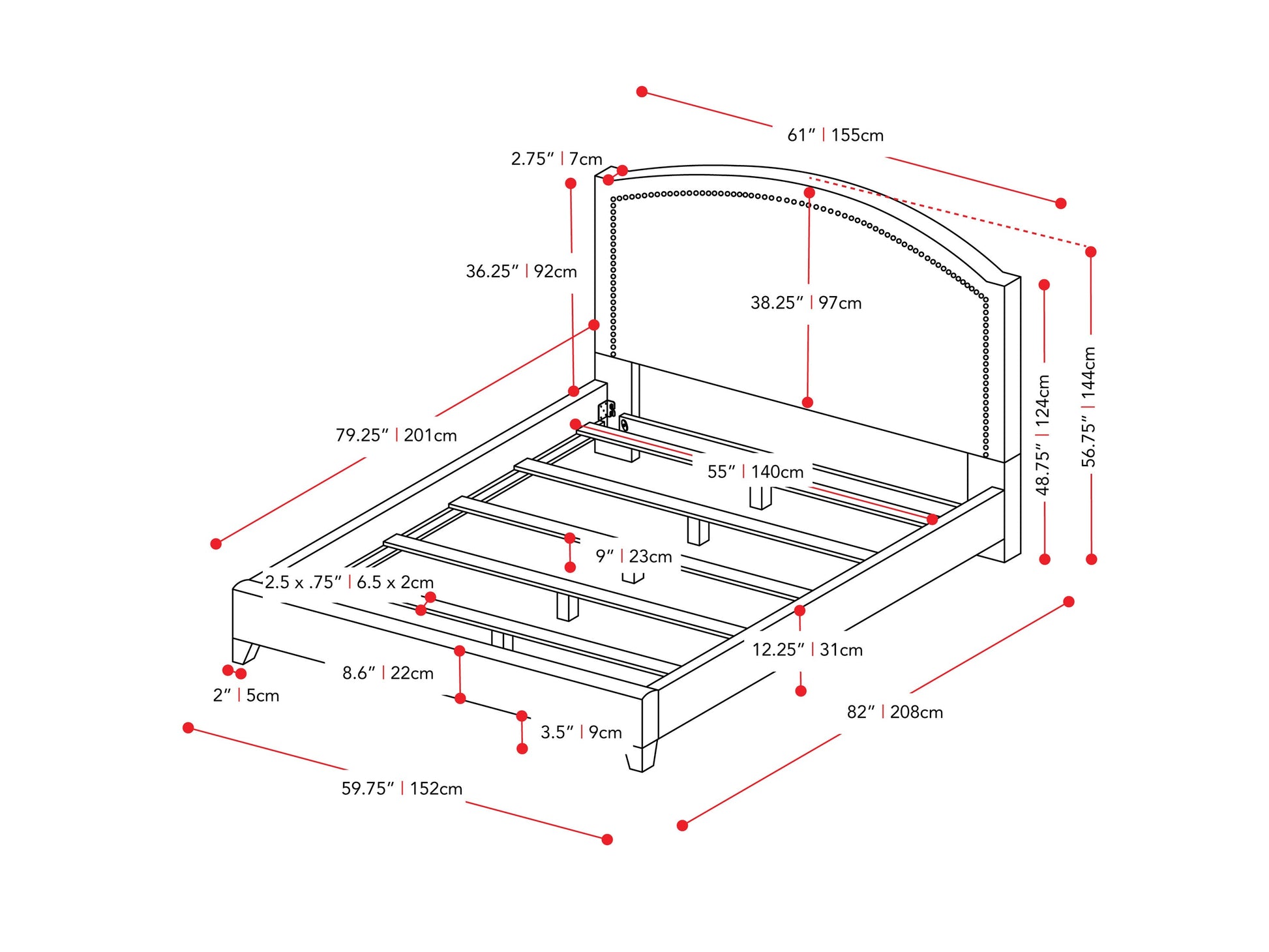 dark grey Upholstered Double / Full Bed Florence Collection measurements diagram by CorLiving#color_dark-grey