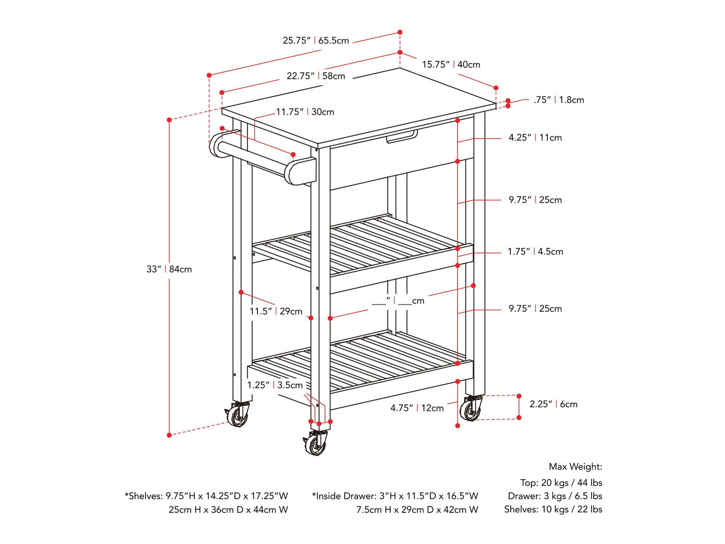 black Kitchen Cart on Wheels Sage Collection measurements diagram by CorLiving#color_black