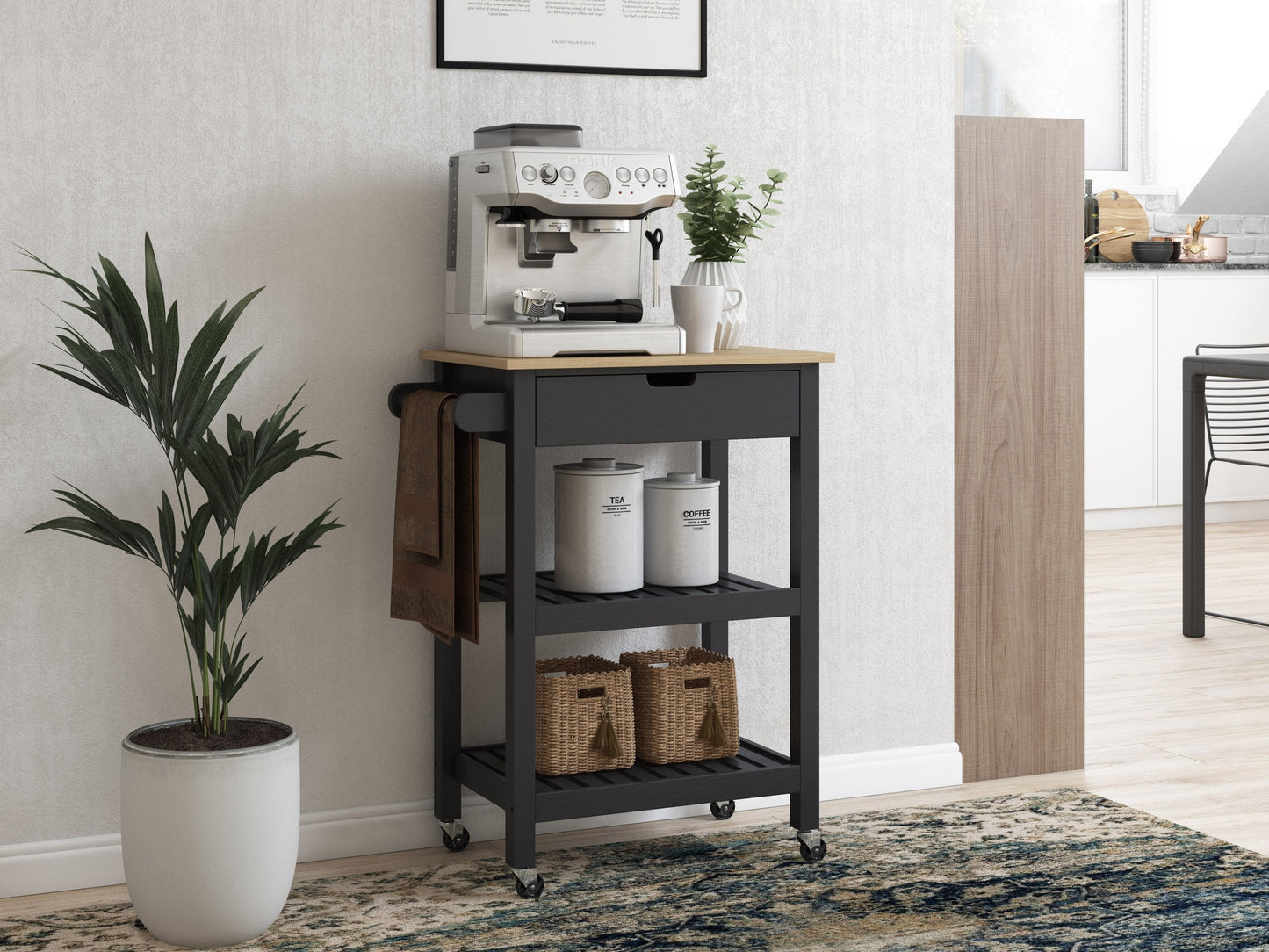 black Kitchen Cart on Wheels Sage Collection lifestyle scene by CorLiving#color_black