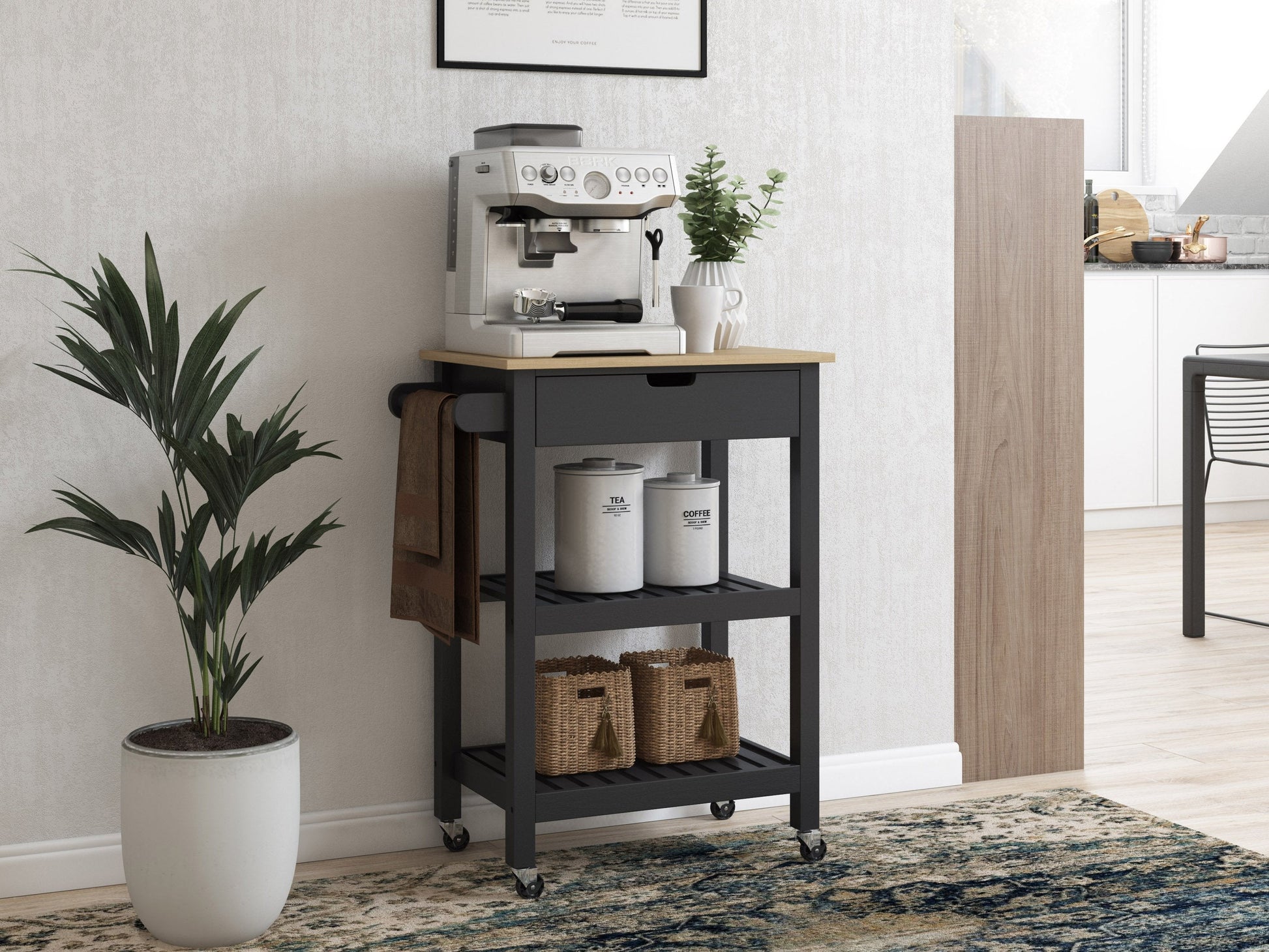 black Kitchen Cart on Wheels Sage Collection lifestyle scene by CorLiving#color_black