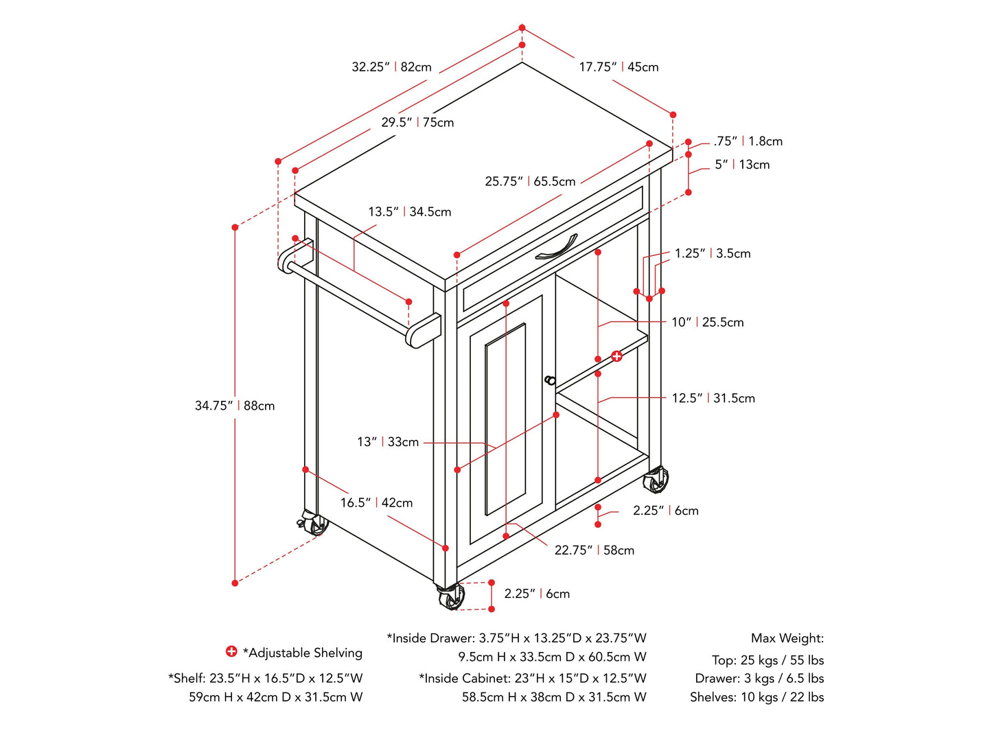 white Kitchen Cart on Wheels Chase Collection measurements diagram by CorLiving#color_white