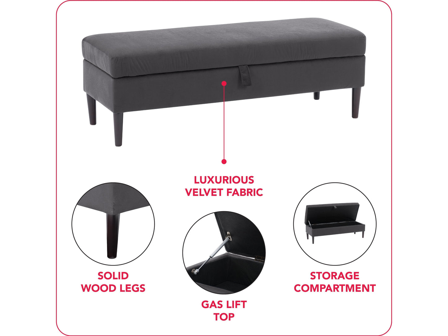 dark grey Velvet Storage Bench Perry Collection infographic by CorLiving#color_perry-dark-grey
