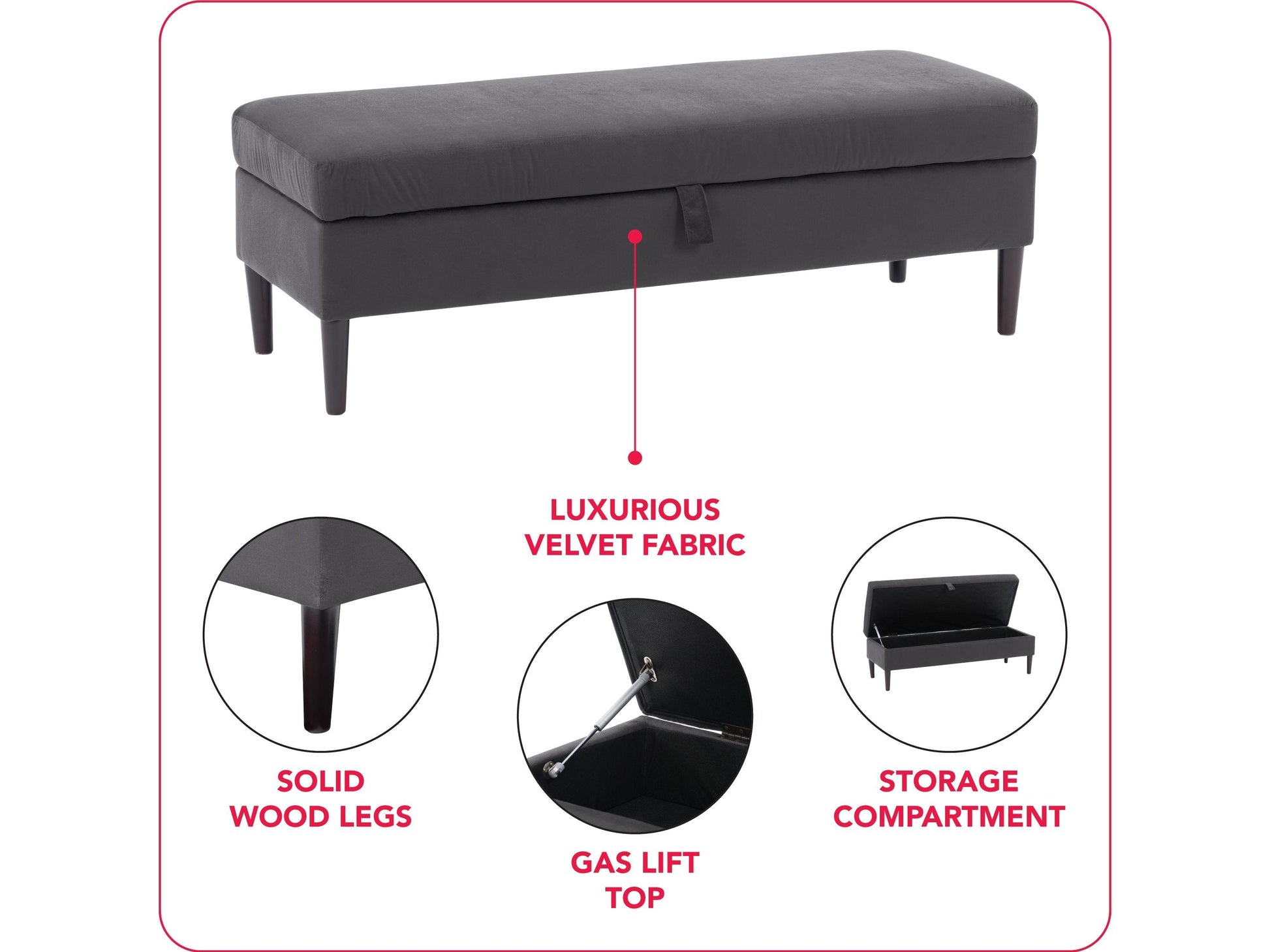 dark grey Velvet Storage Bench Perry Collection infographic by CorLiving#color_perry-dark-grey