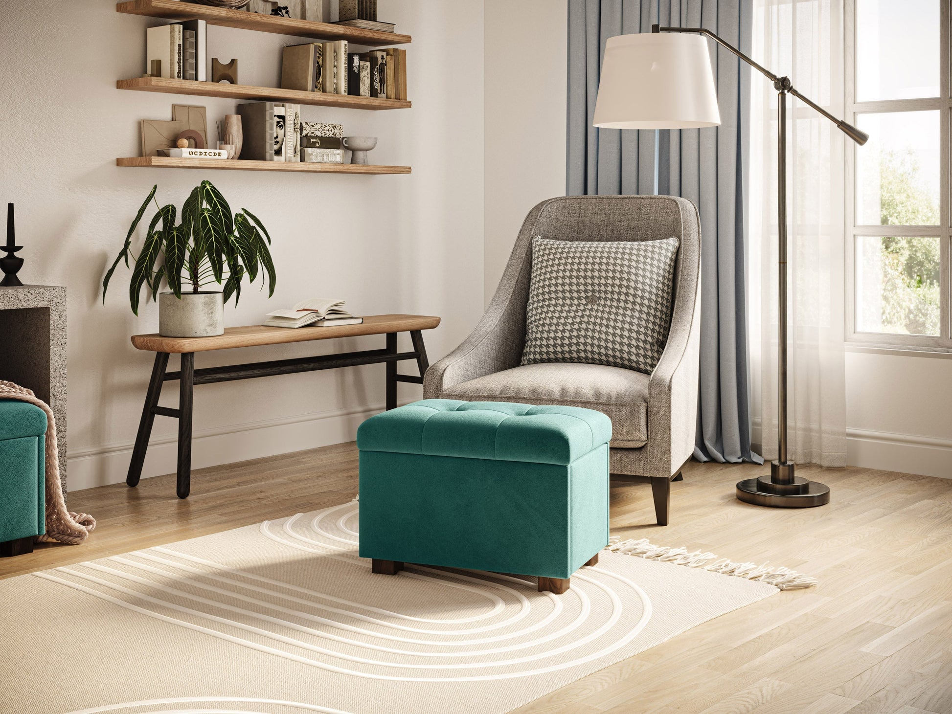 green Velvet Ottoman with Storage Asha Collection lifestyle scene by CorLiving#color_asha-green
