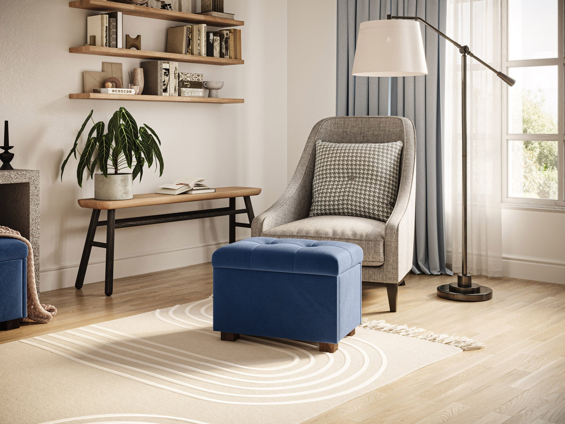 blue Velvet Ottoman with Storage Asha Collection lifestyle scene by CorLiving#color_asha-blue