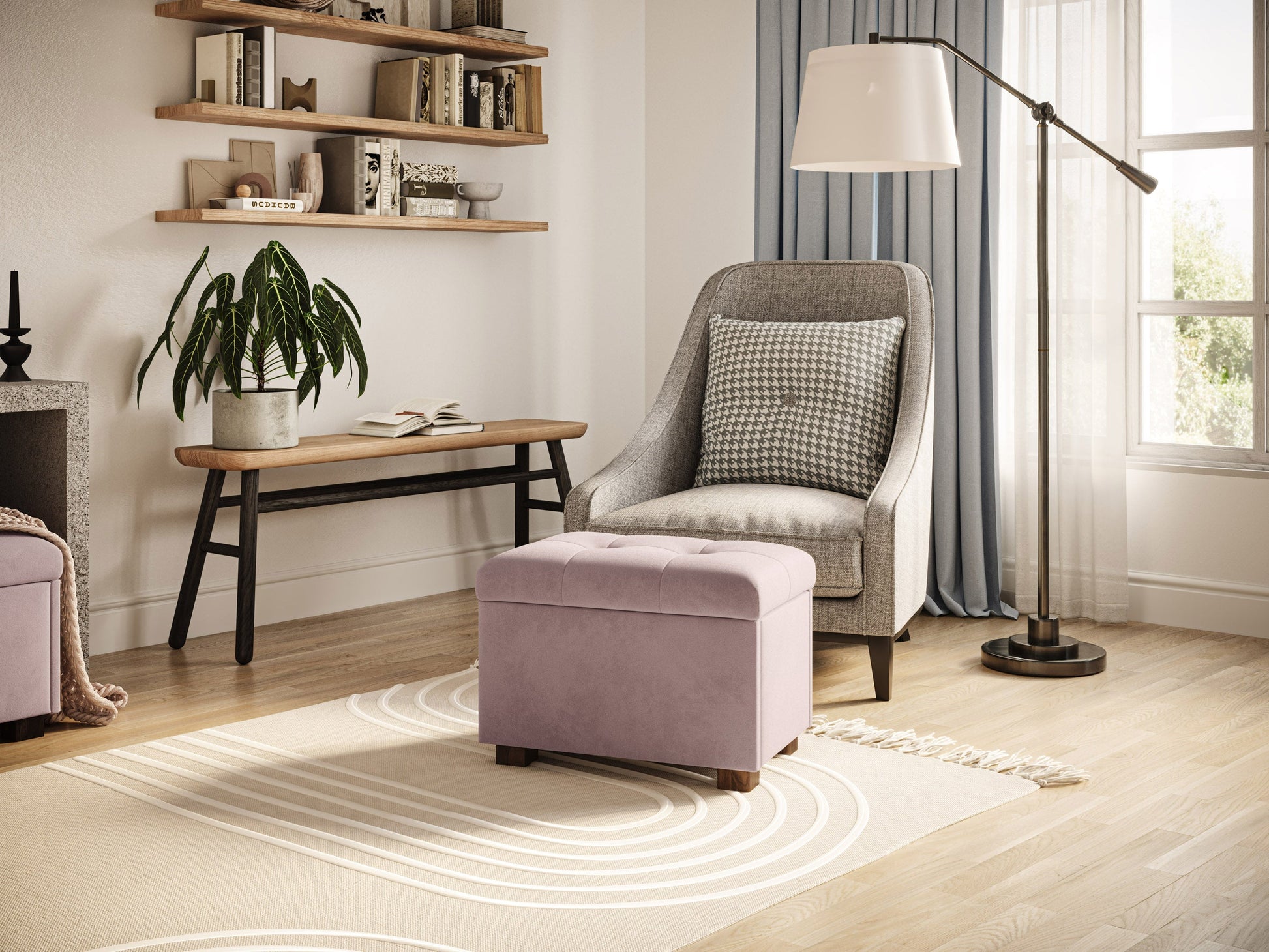 pink Velvet Ottoman with Storage Asha Collection lifestyle scene by CorLiving#color_asha-pink