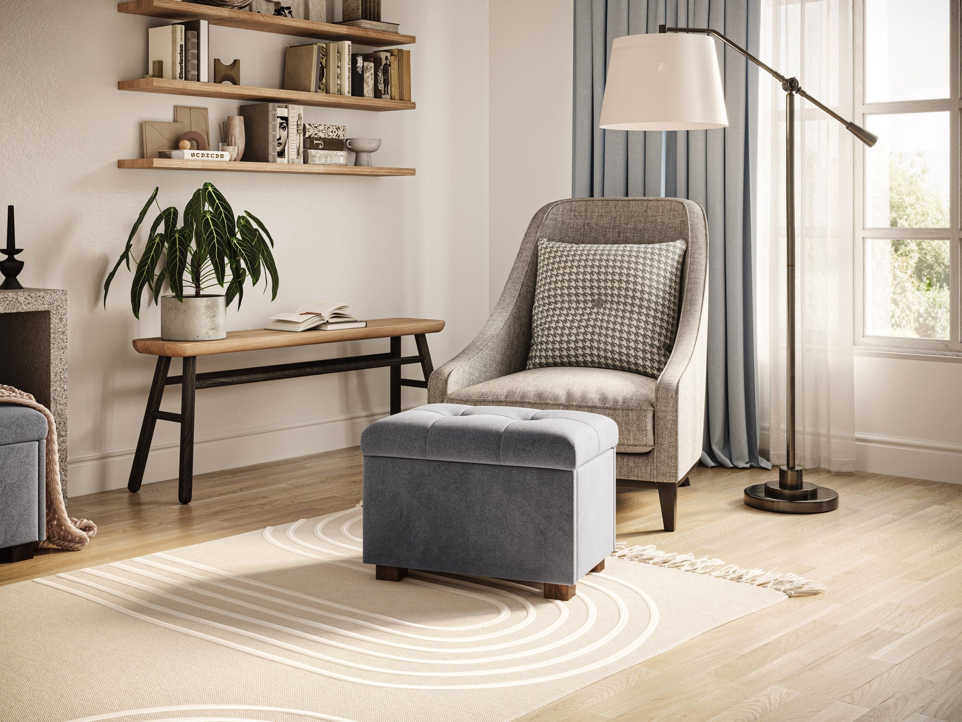 grey Velvet Ottoman with Storage Asha Collection lifestyle scene by CorLiving#color_asha-grey