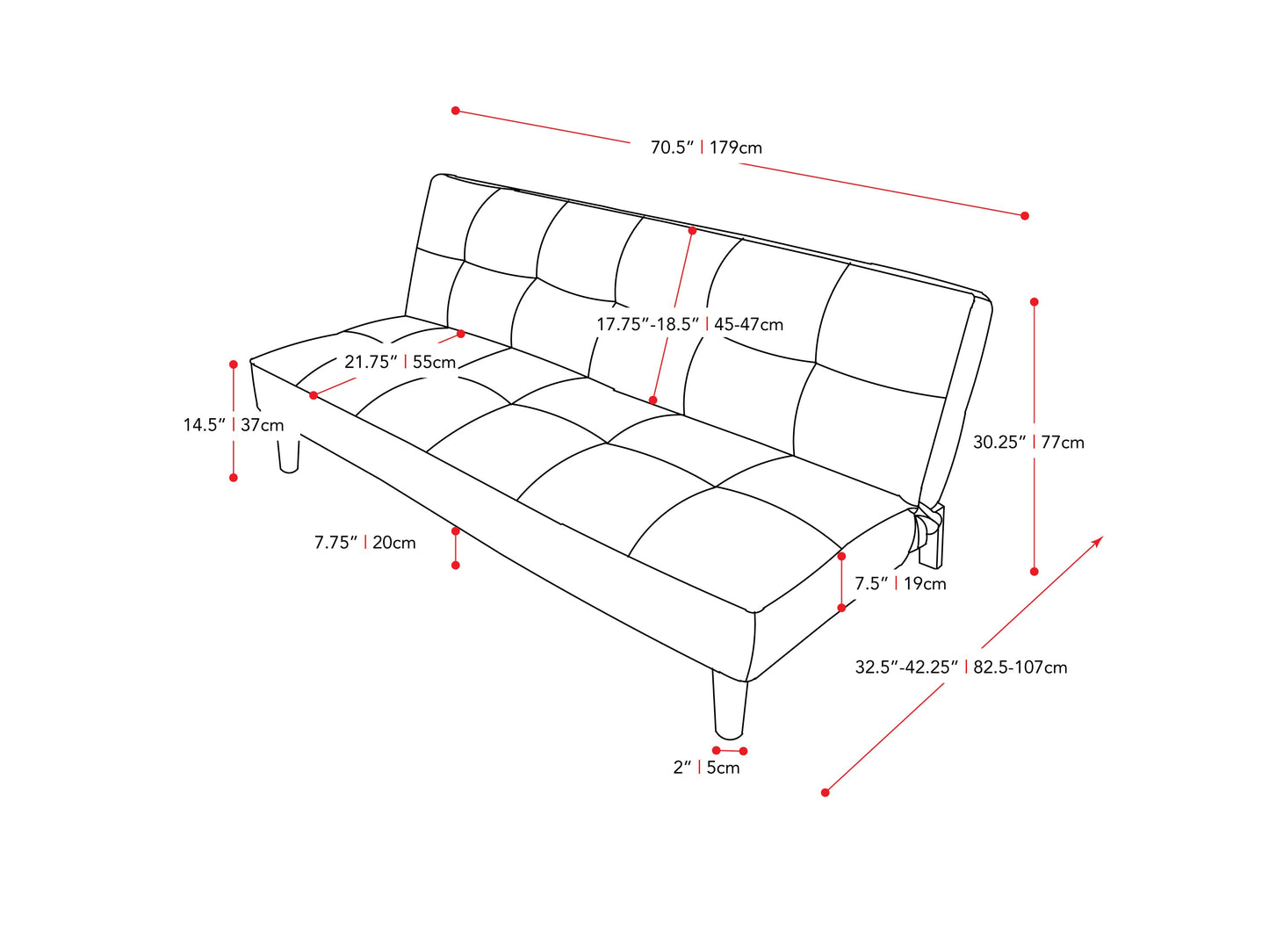 navy blue Convertible Futon Sofa Bed Yorkton collection measurements diagram by CorLiving#color_navy-blue