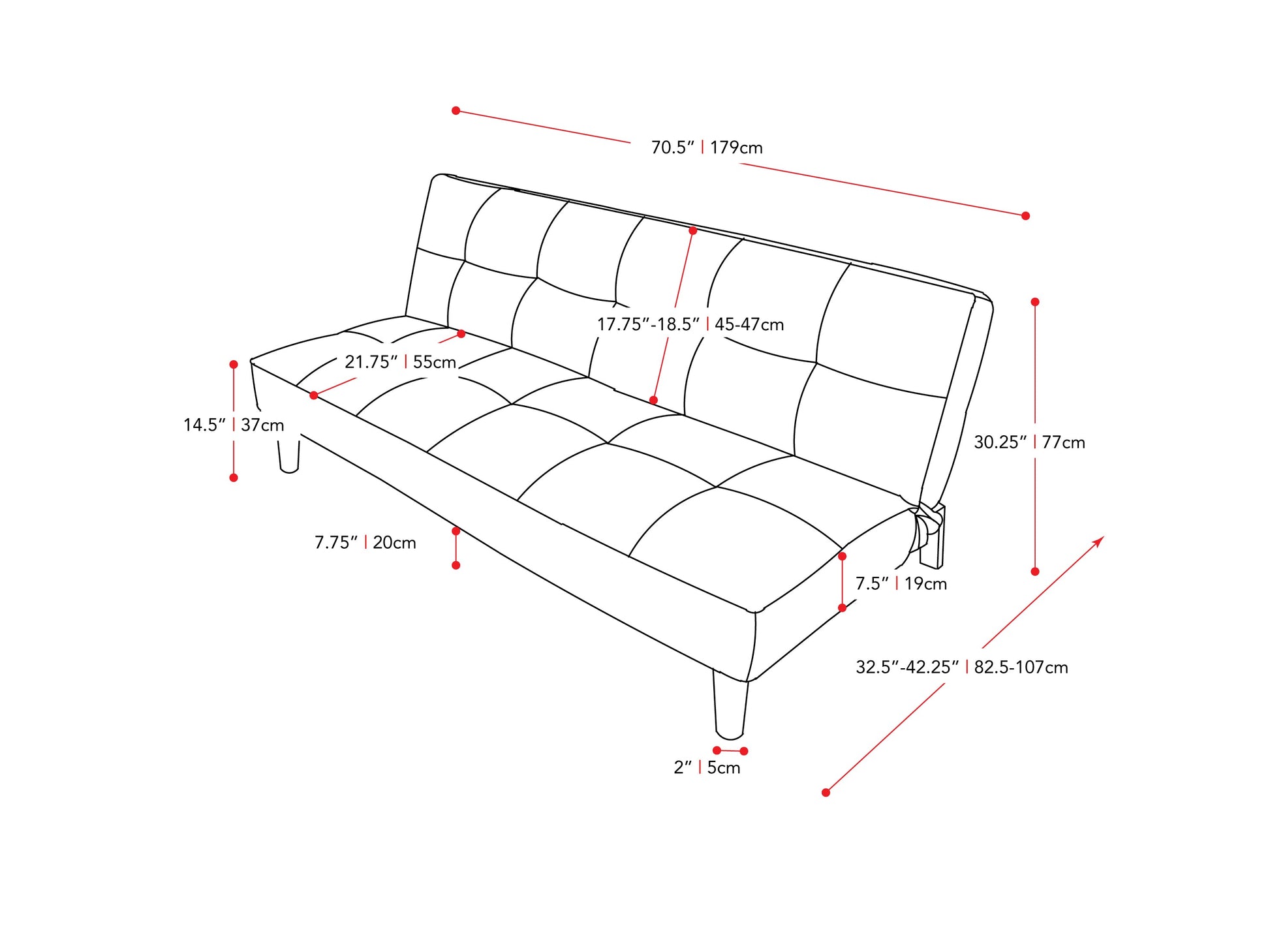 navy blue Convertible Futon Sofa Bed Yorkton collection measurements diagram by CorLiving#color_navy-blue