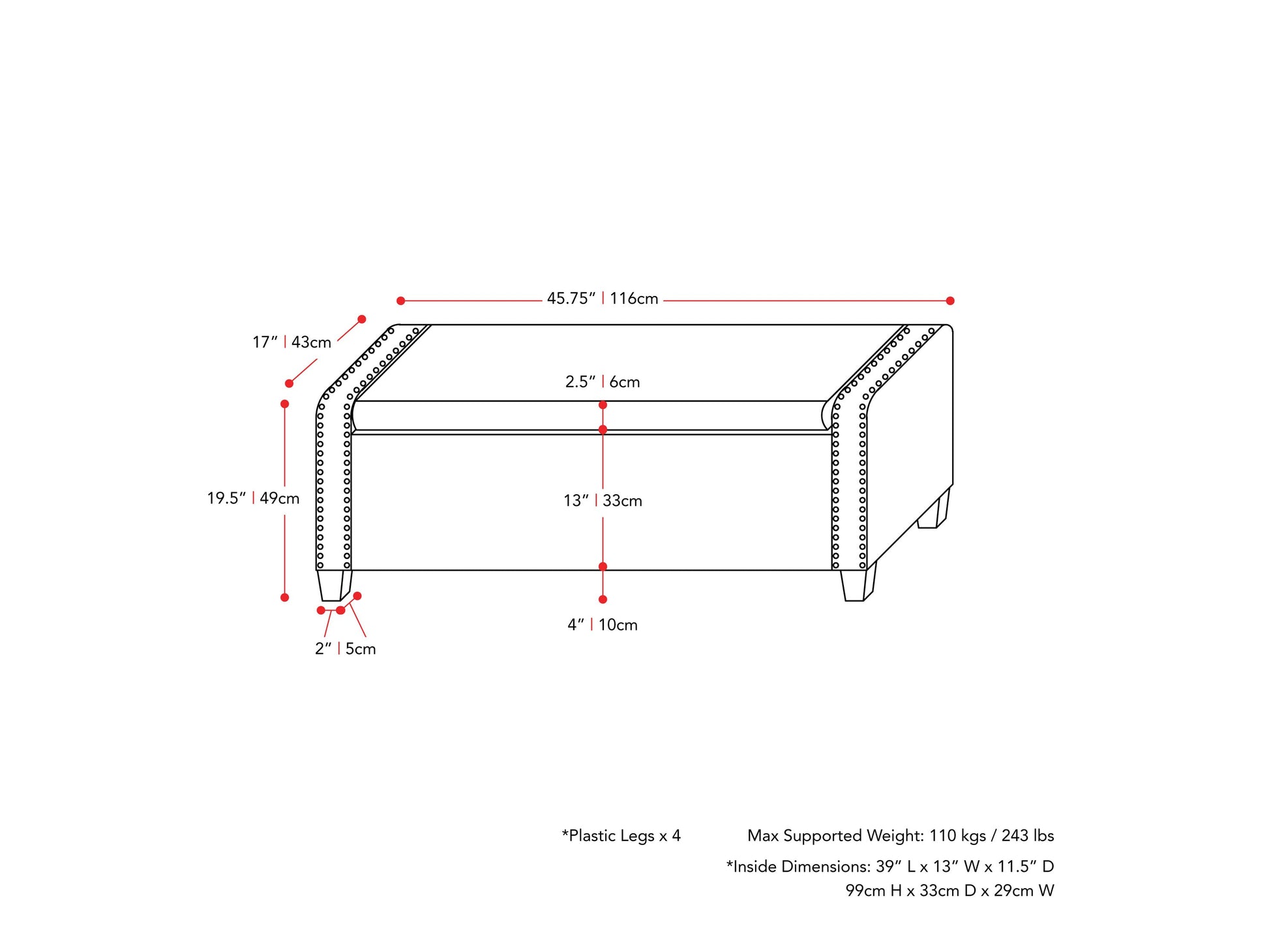 navy blue End of Bed Storage Bench Luna Collection measurements diagram by CorLiving#color_luna-navy-blue