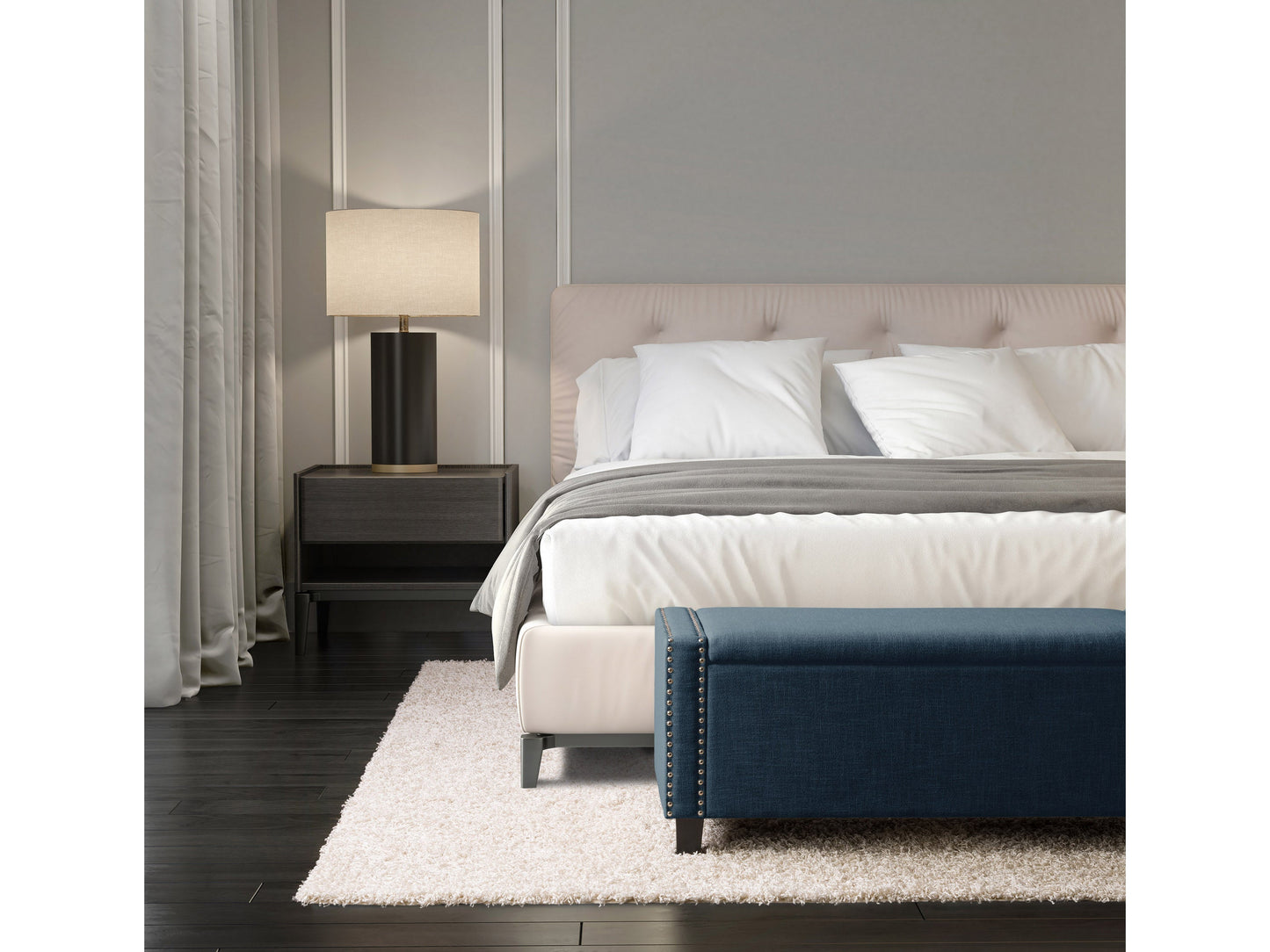 navy blue End of Bed Storage Bench Luna Collection lifestyle scene by CorLiving#color_luna-navy-blue