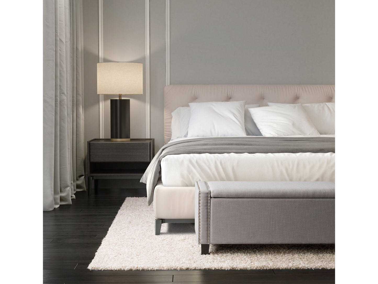 light grey End of Bed Storage Bench Luna Collection lifestyle scene by CorLiving#color_luna-light-grey