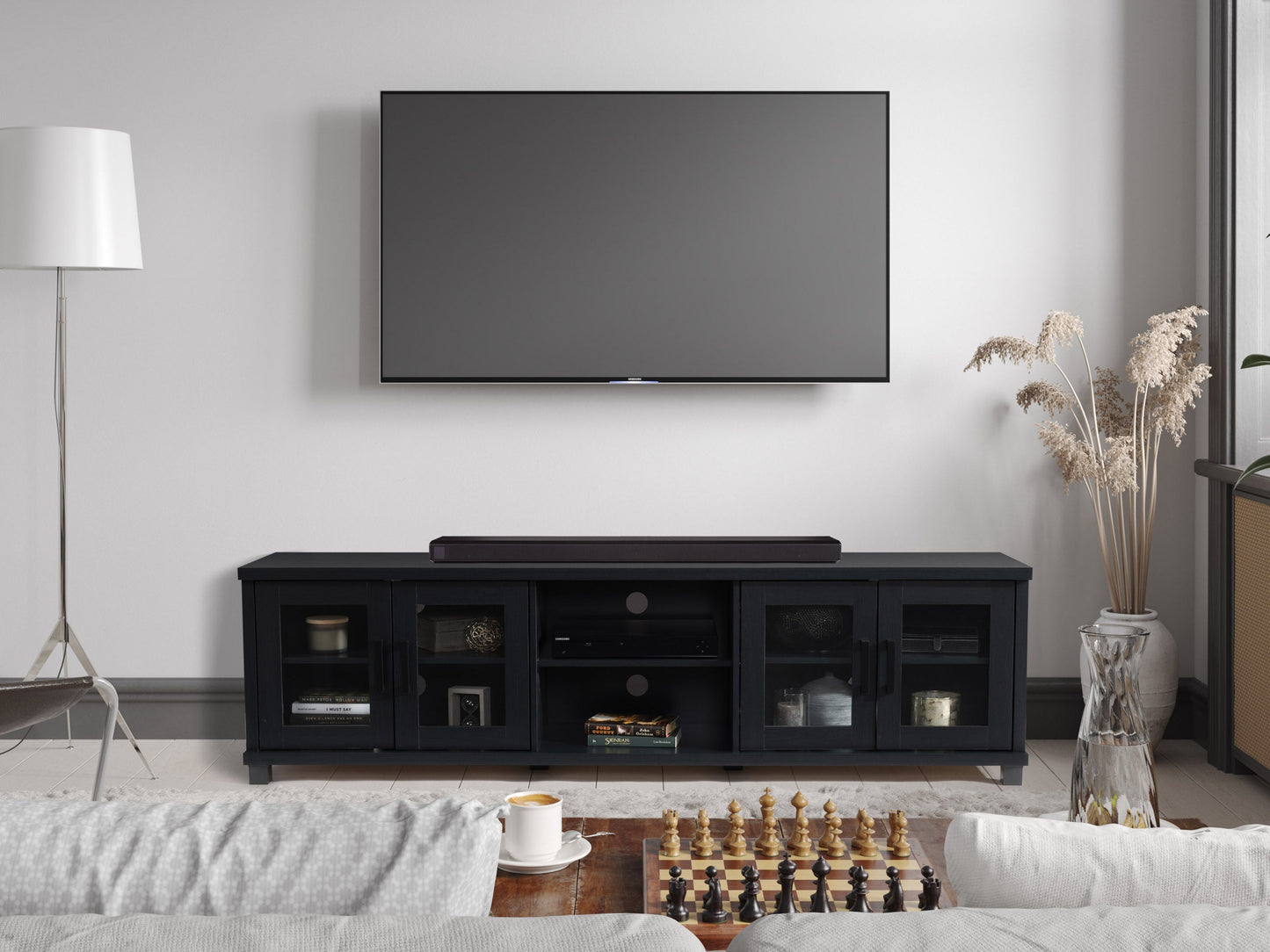 black TV Bench for TV's up to 95" Fremont Collection lifestyle scene by CorLiving#color_black