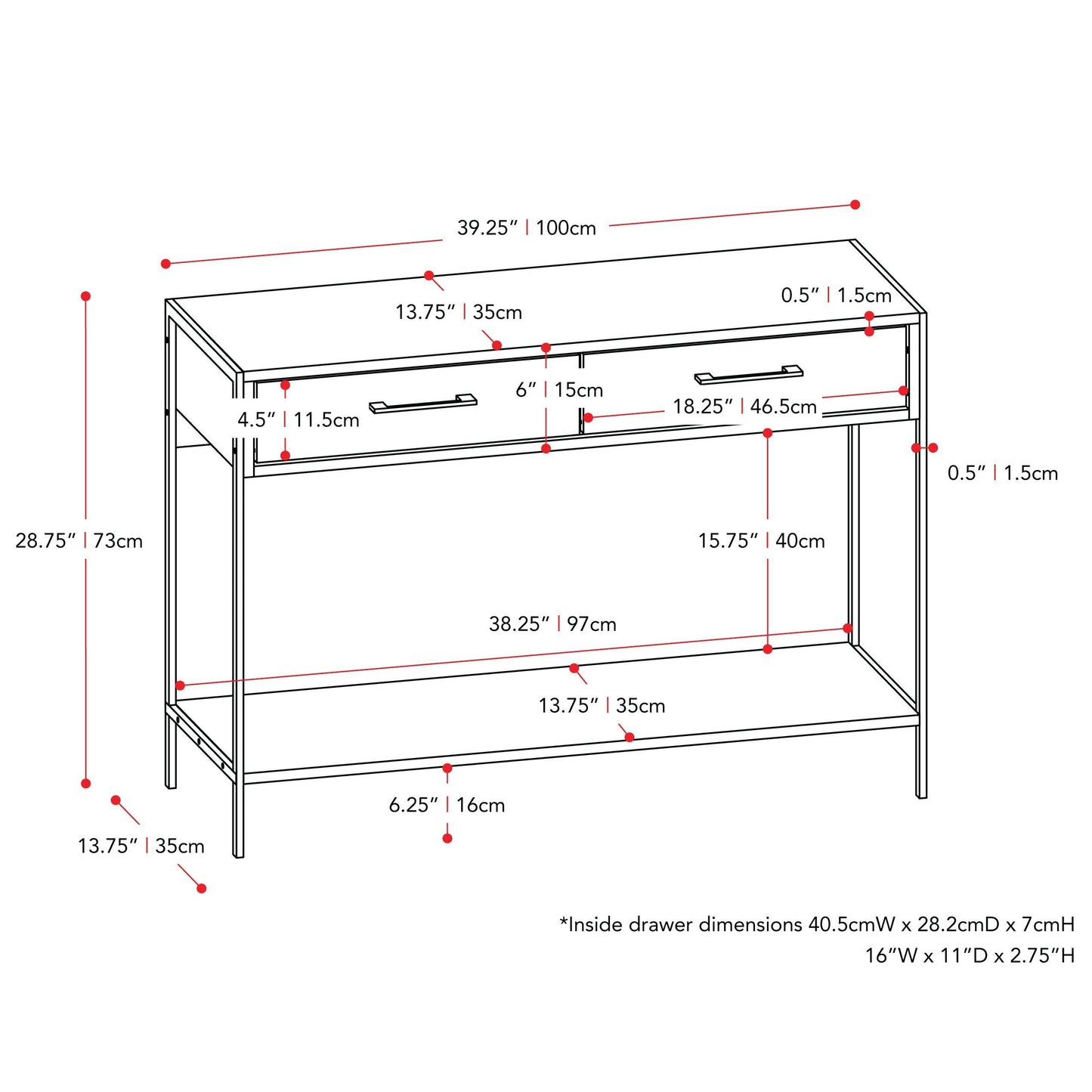 distressed carbon grey black duotone Farmhouse Console Table Joliet Collection measurements diagram by CorLiving#color_distressed-carbon-grey-black-duotone