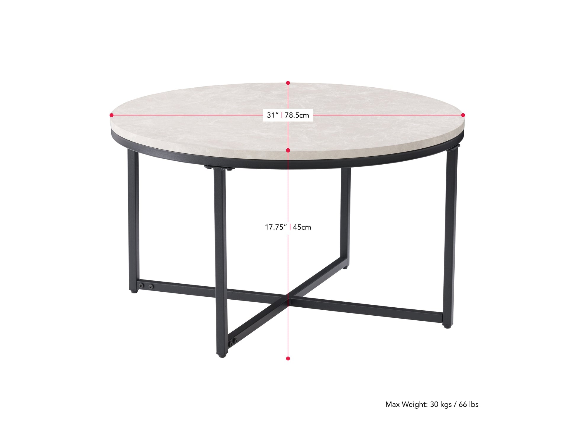 grey marble Wood Round Coffee Table Aria Collection measurements diagram by CorLiving#color_grey-marble