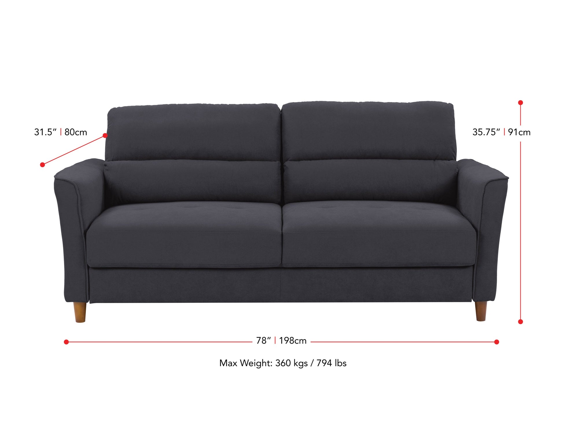 dark grey 3 Seater Sofa Caroline collection measurements diagram by CorLiving#color_dark-grey