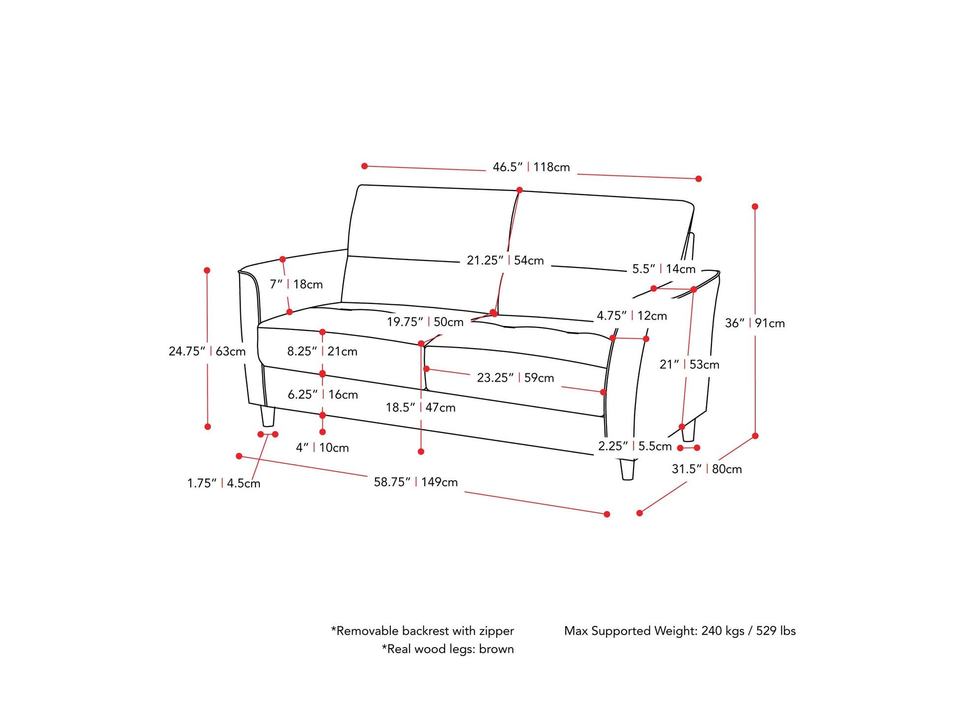 dark grey 3 Piece Living Room Set Caroline collection measurements diagram by CorLiving#color_dark-grey