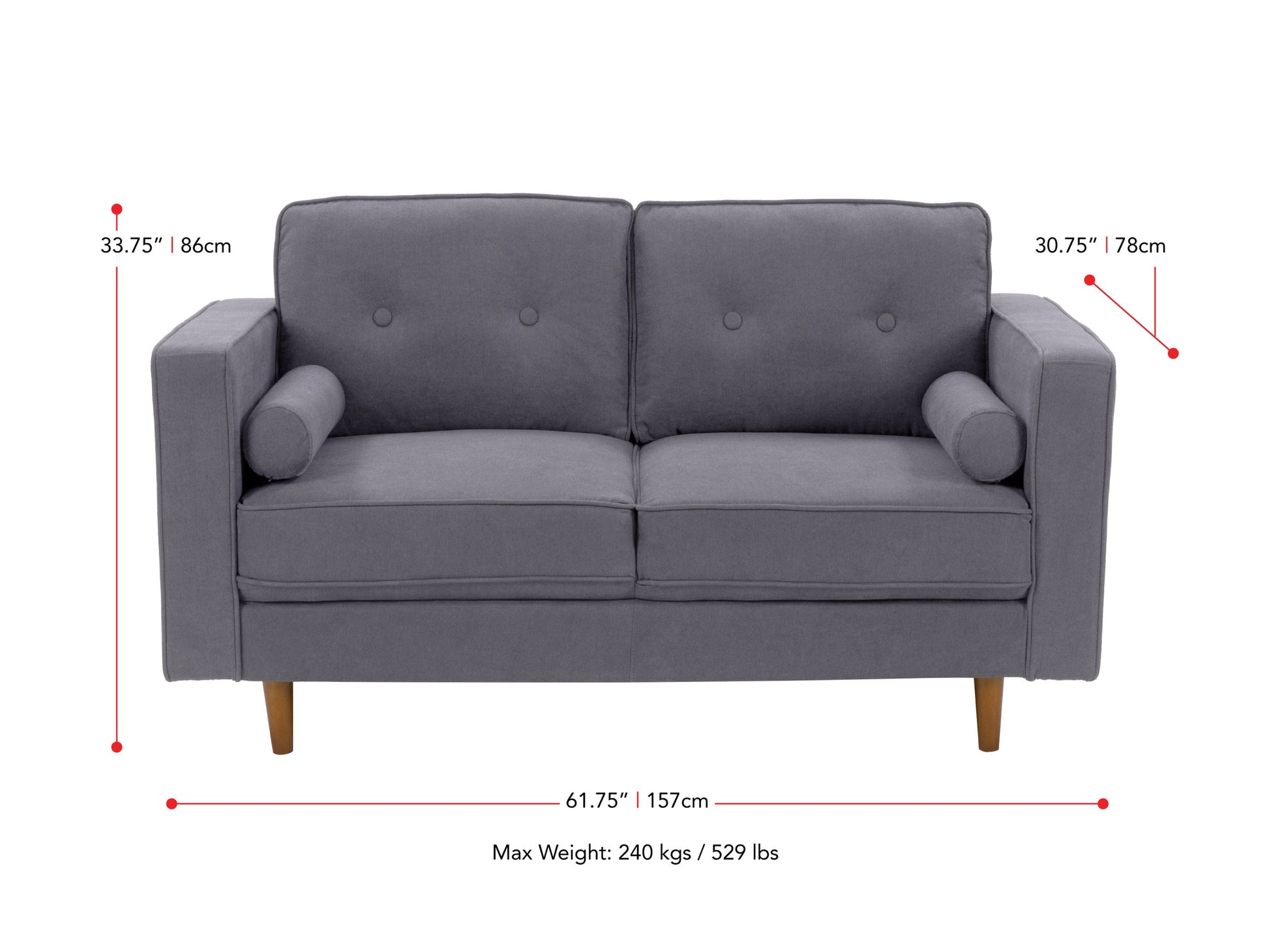 grey 2 Seater Loveseat Sofa Mulberry collection measurements diagram by CorLiving#color_grey