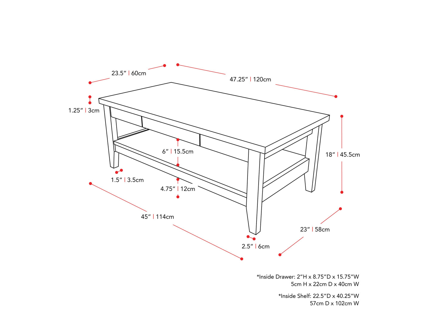 dark grey Mid Century Coffee Table Hollywood Collection measurements diagram by CorLiving#color_dark-grey