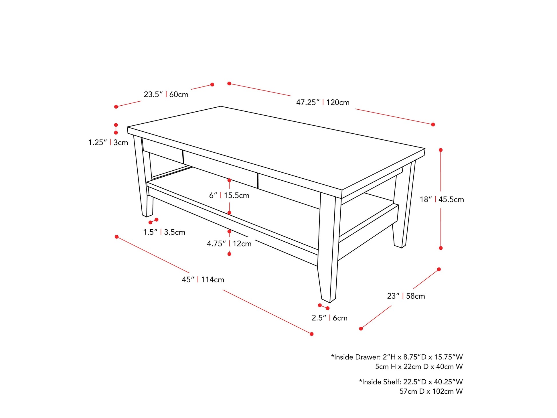 dark grey Mid Century Coffee Table Hollywood Collection measurements diagram by CorLiving#color_dark-grey