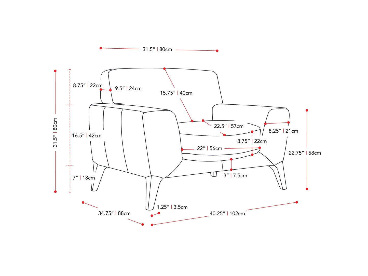 grey Faux Leather Accent Chair London Collection measurements diagram by CorLiving#color_london-grey