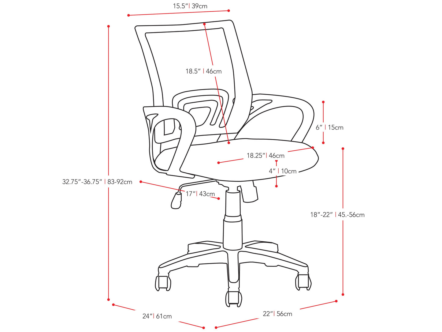 black Mesh Back Office Chair Jaxon Collection measurements diagram by CorLiving#color_black