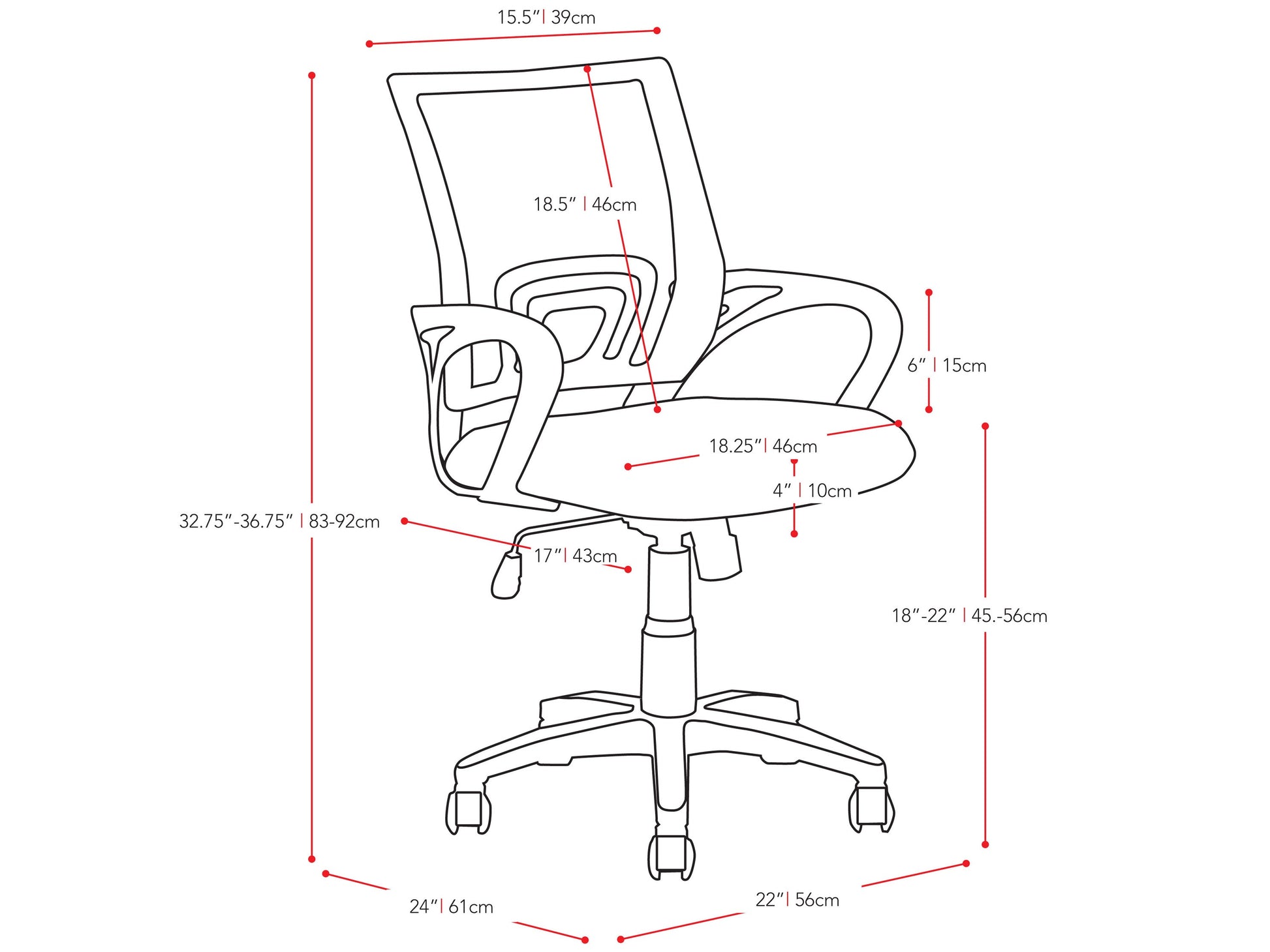 black Mesh Back Office Chair Jaxon Collection measurements diagram by CorLiving#color_black