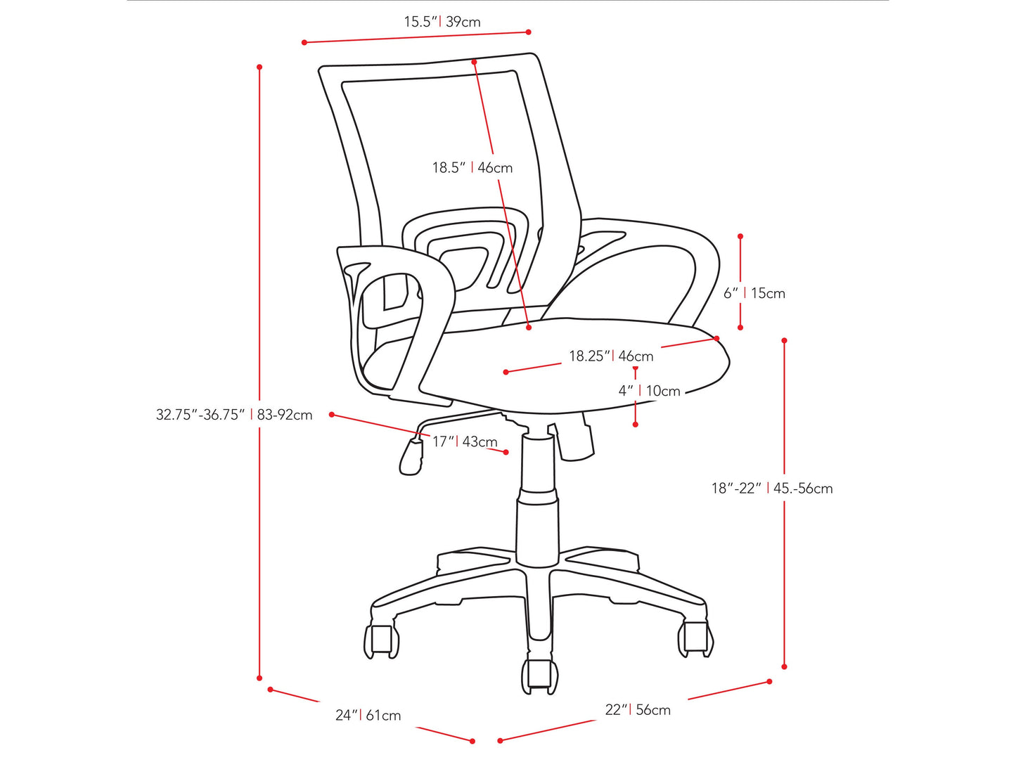 dark brown Mesh Back Office Chair Jaxon Collection measurements diagram by CorLiving#color_dark-brown