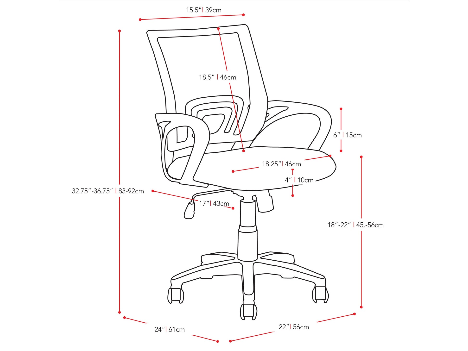 dark brown Mesh Back Office Chair Jaxon Collection measurements diagram by CorLiving#color_dark-brown