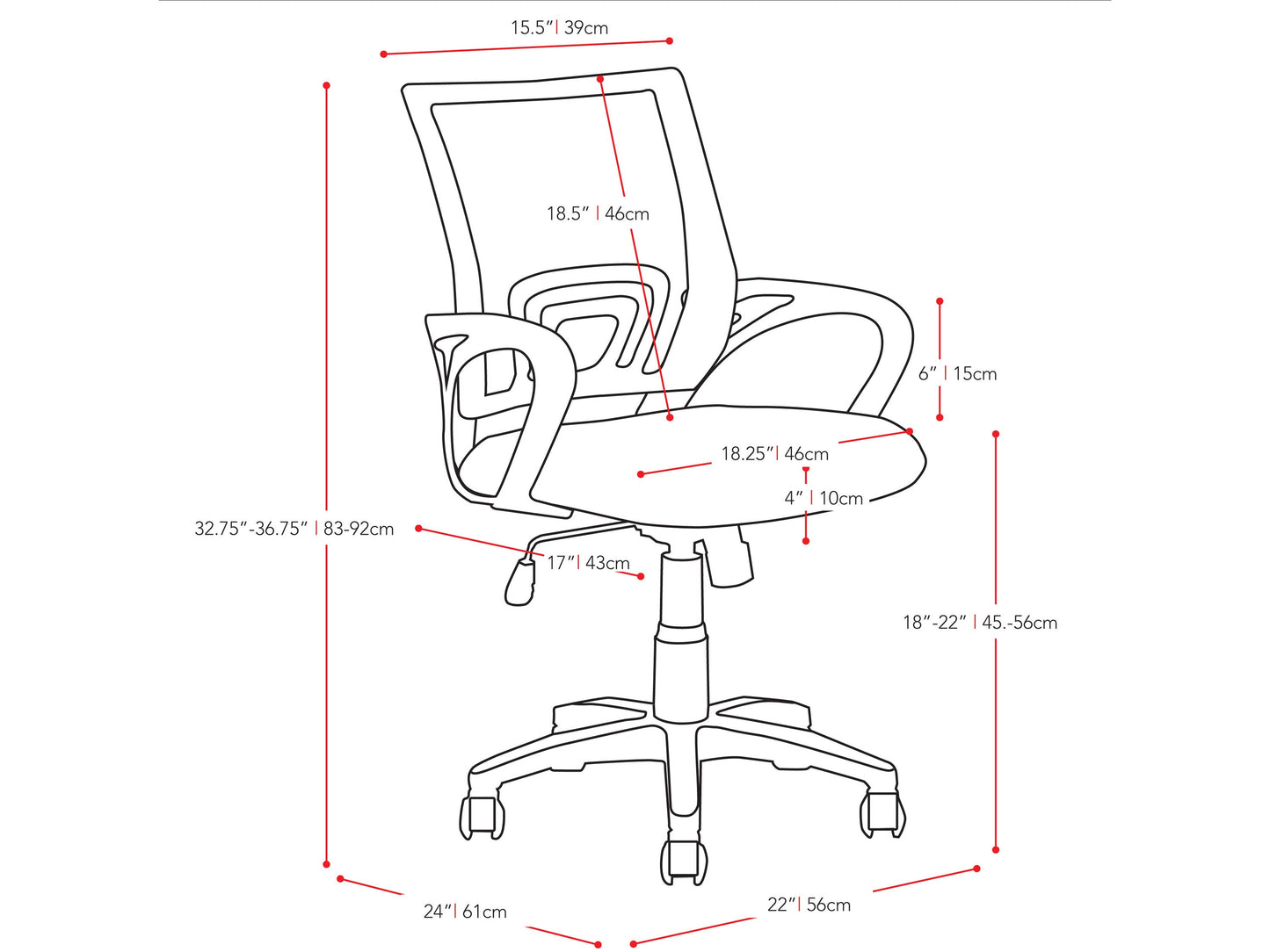 dark grey Mesh Back Office Chair Jaxon Collection measurements diagram by CorLiving#color_dark-grey
