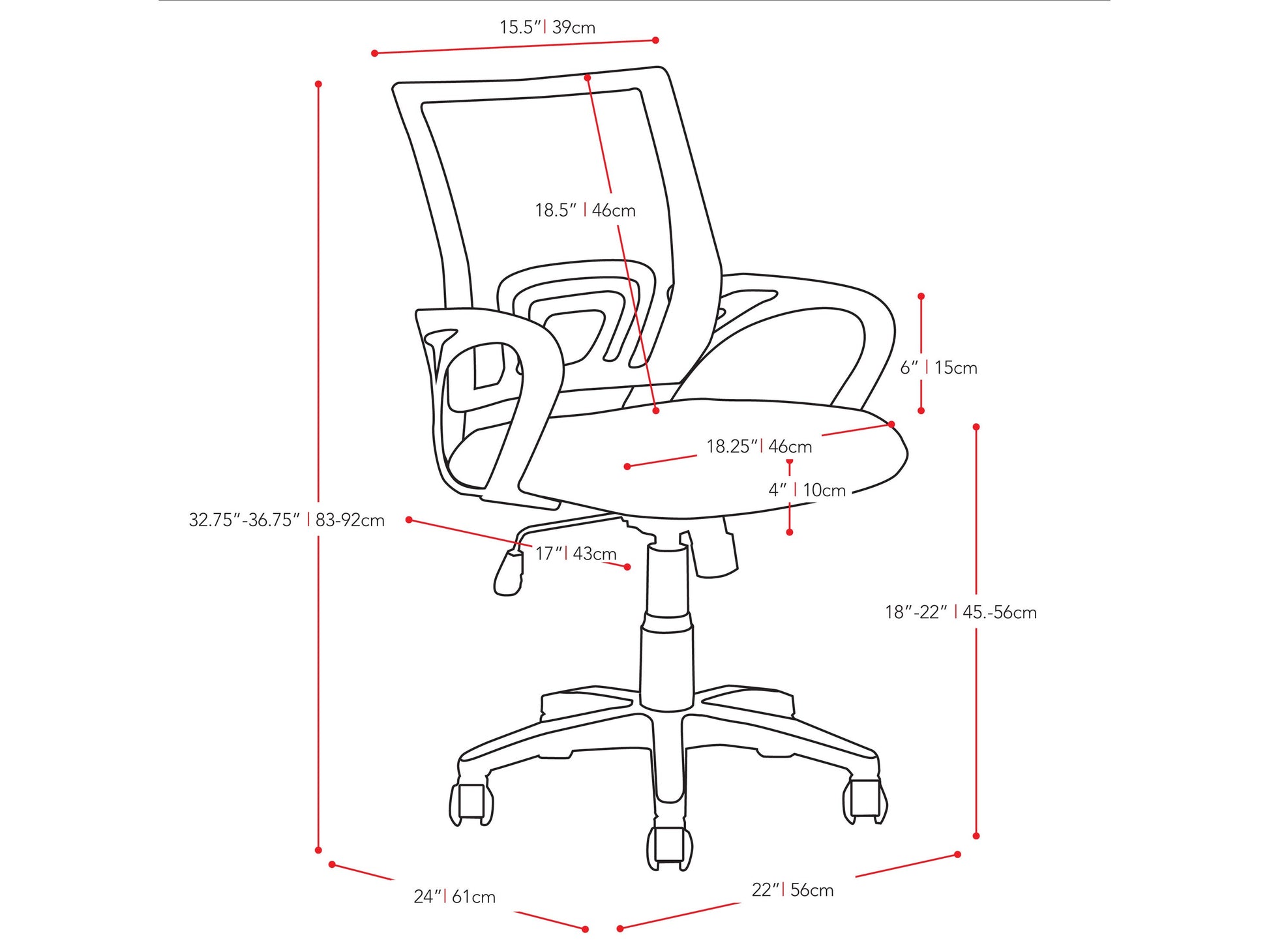 navy blue Mesh Back Office Chair Jaxon Collection measurements diagram by CorLiving#color_navy-blue
