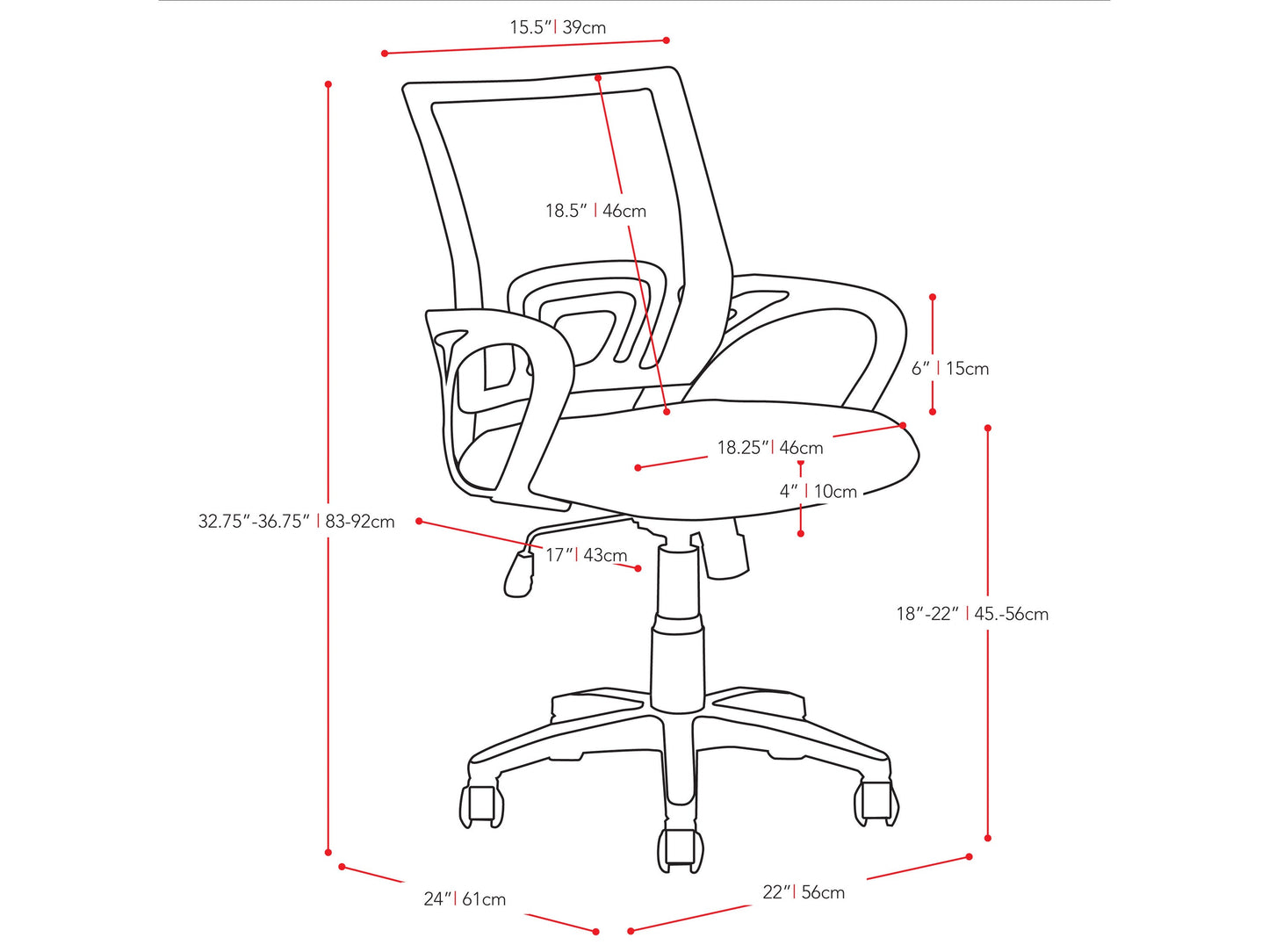 pink Mesh Back Office Chair Jaxon Collection measurements diagram by CorLiving#color_pink