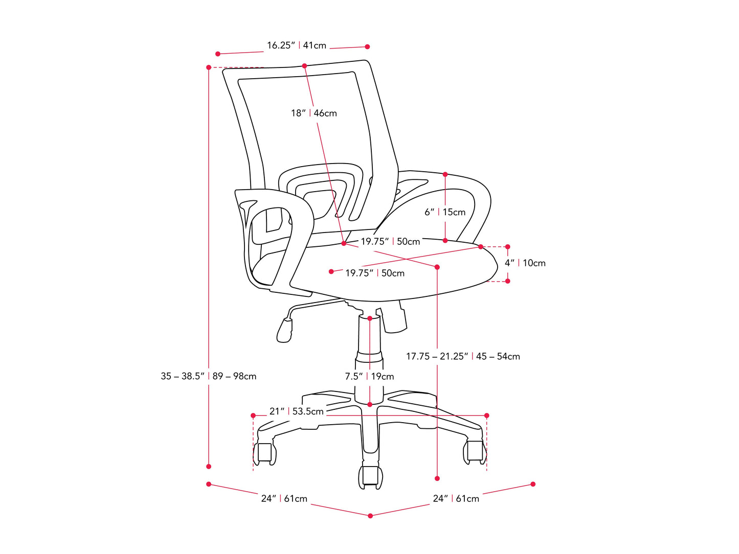 blue Mesh Back Office Chair Jaxon Collection measurements diagram by CorLiving#color_blue