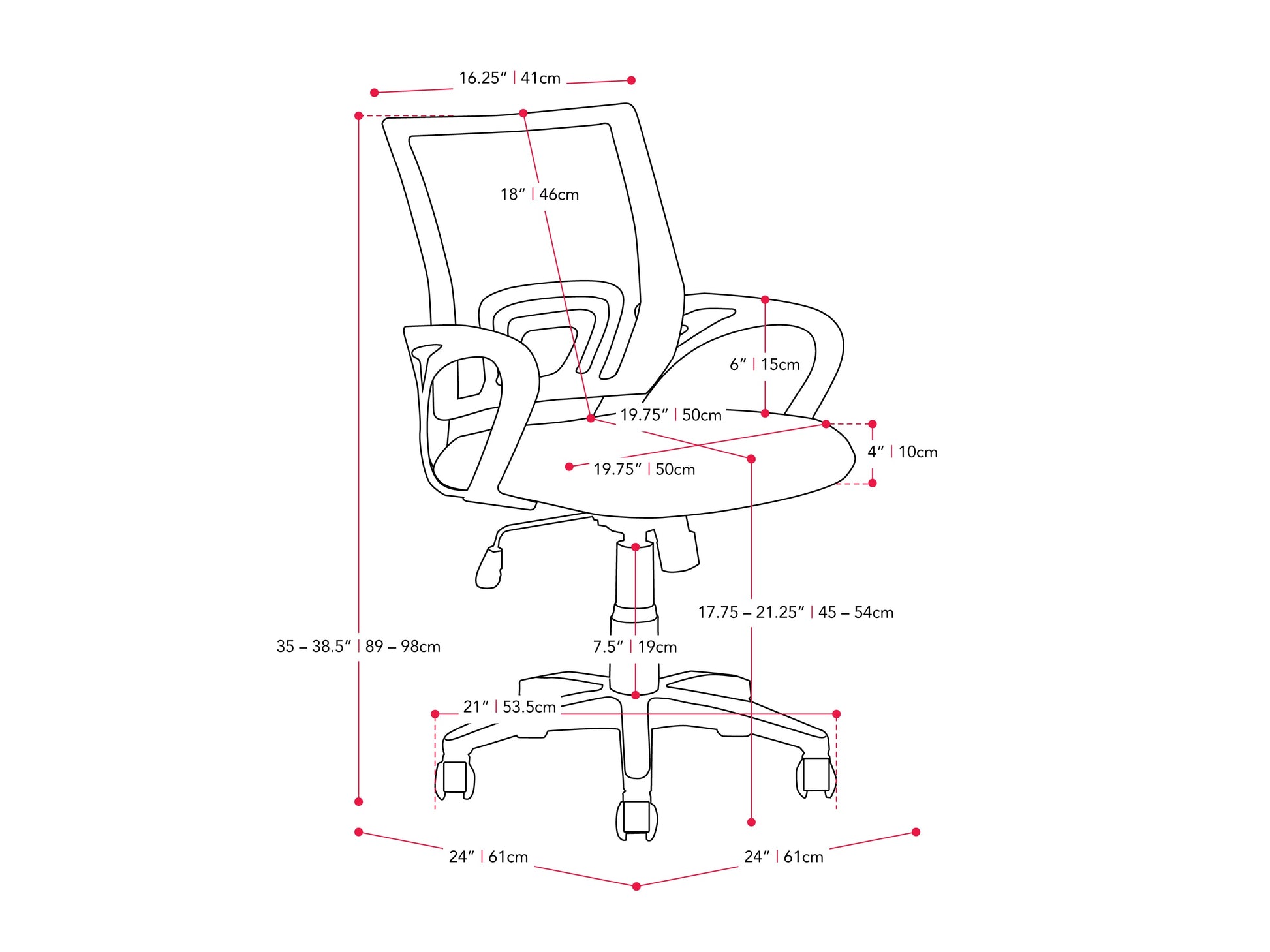 blue Mesh Back Office Chair Jaxon Collection measurements diagram by CorLiving#color_blue