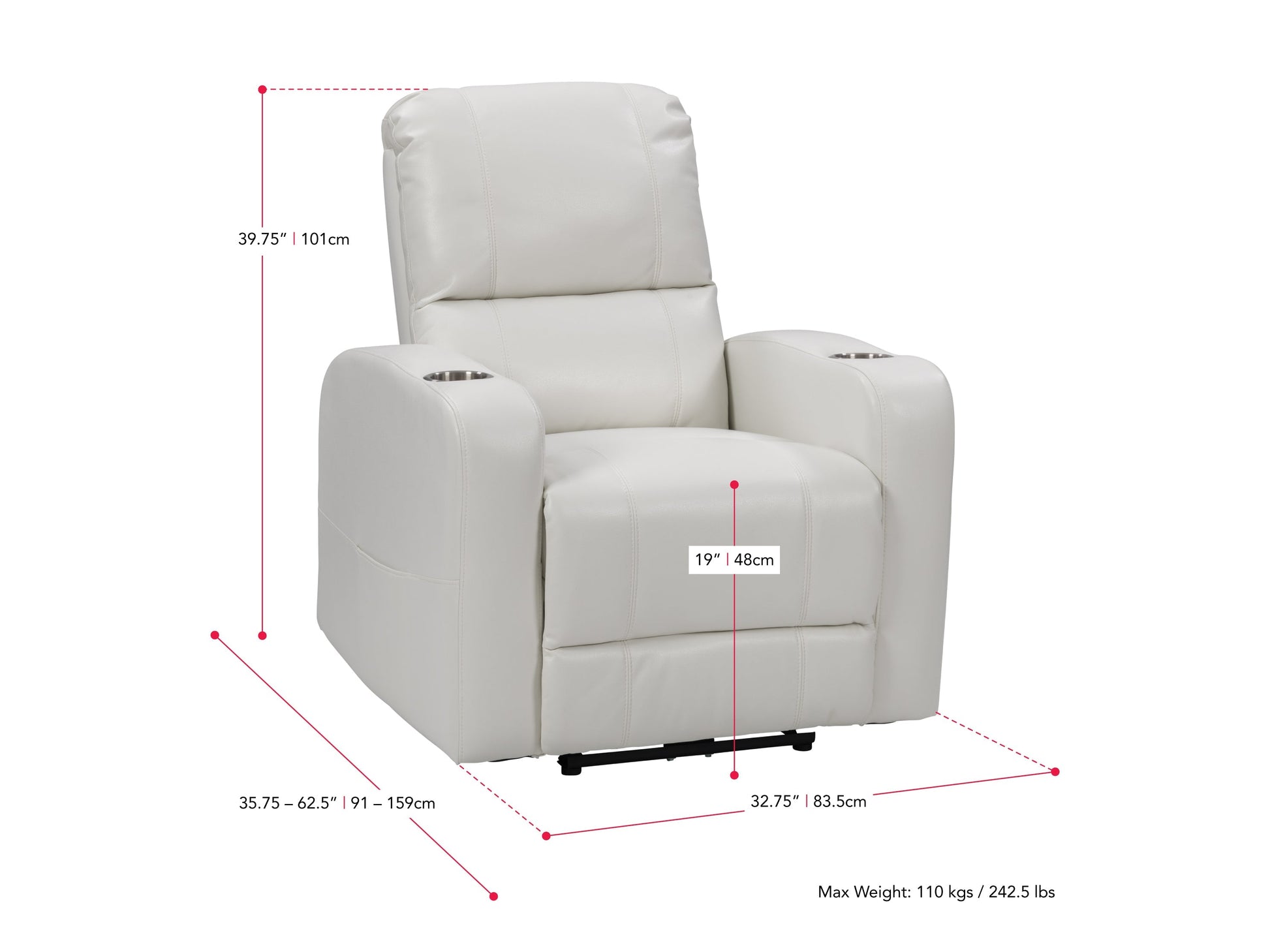 white Power Recliner with Cup Holder Ophelia Collection measurements diagram by CorLiving#color_white