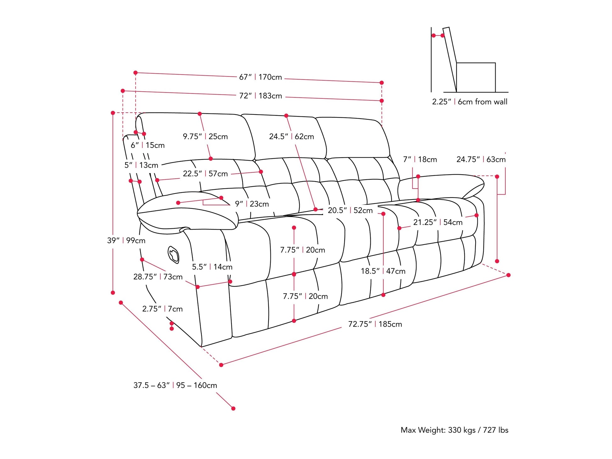 dark grey 3 Seater Recliner Sofa Oren Collection measurements diagram by CorLiving#color_dark-grey