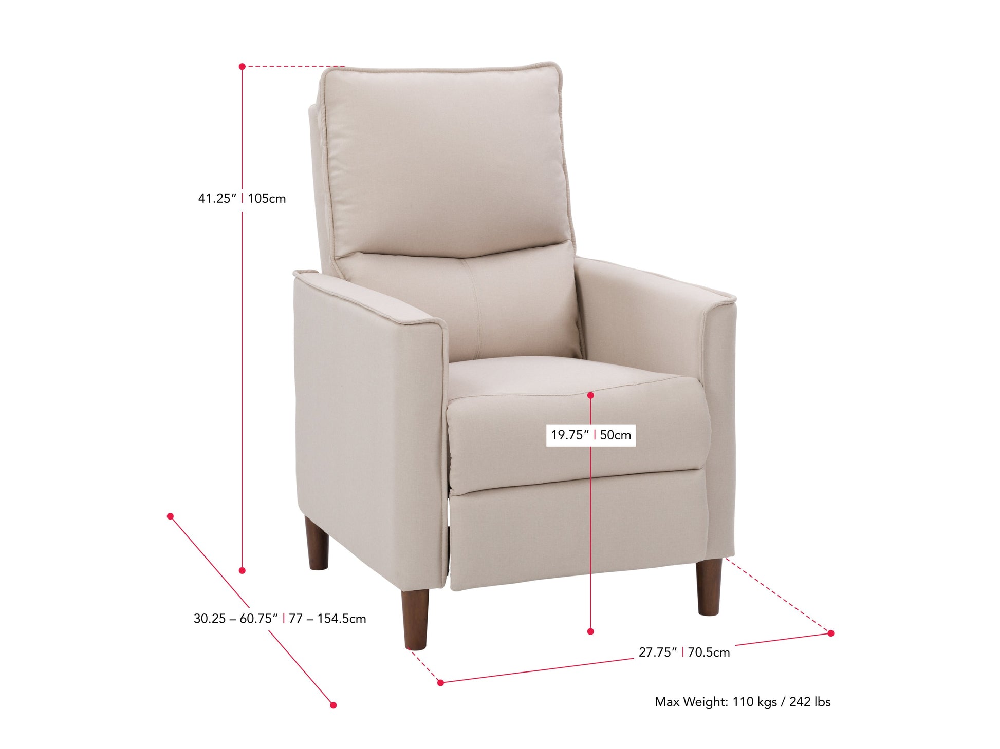 beige Mid Century Recliner Alder Collection measurements diagram by CorLiving#color_beige