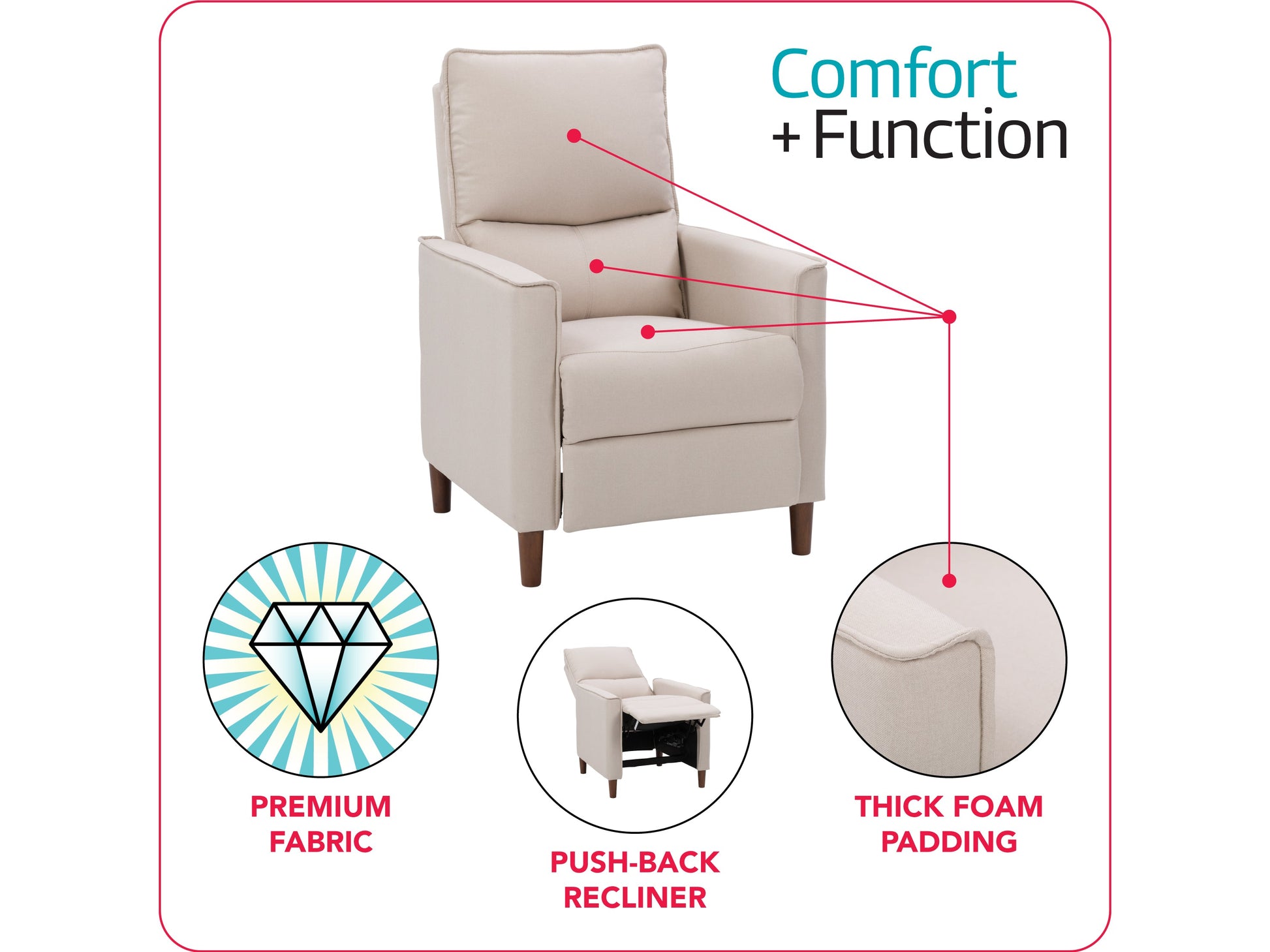 beige Mid Century Recliner Alder Collection infographic by CorLiving#color_beige