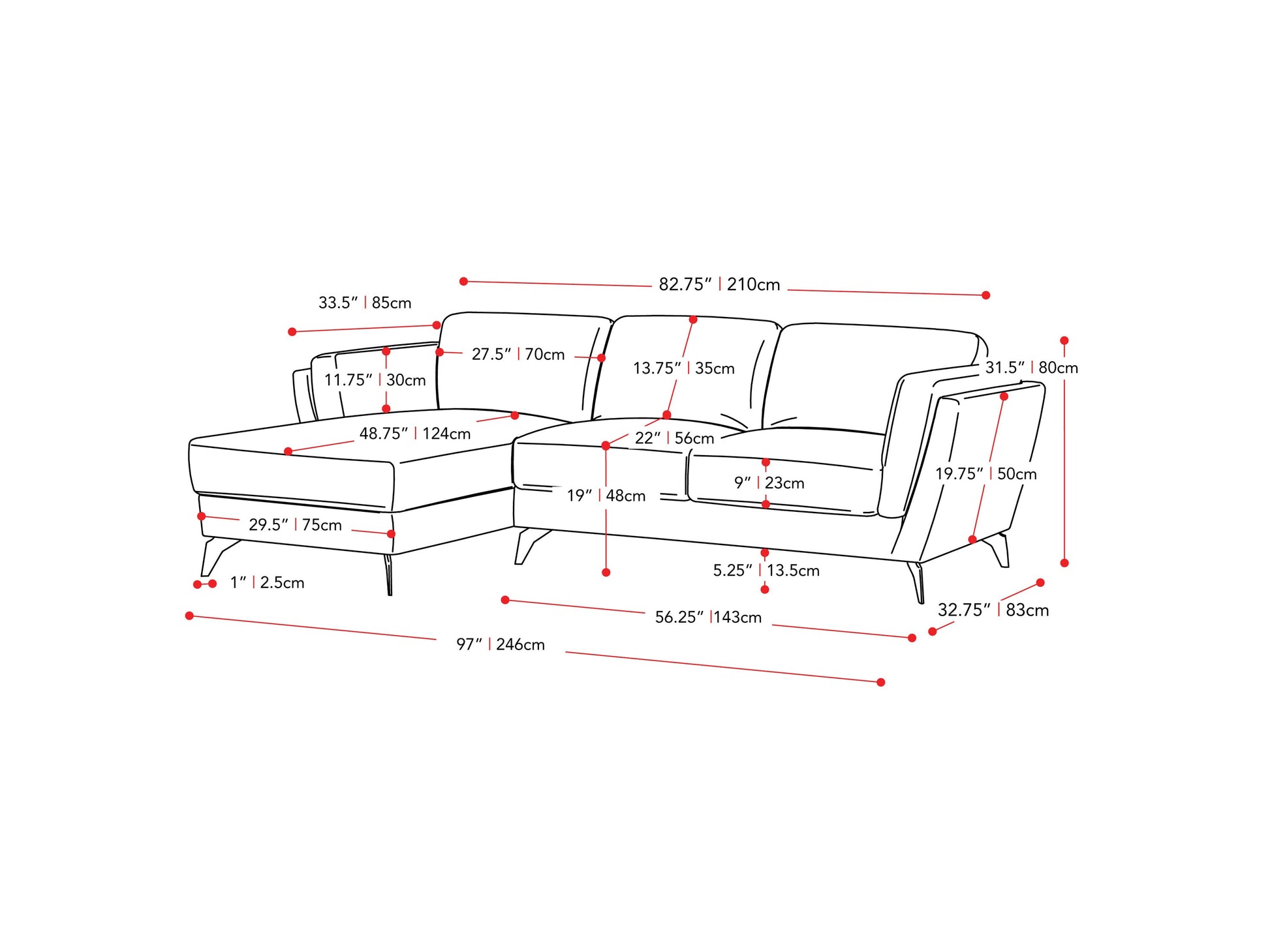 light grey L Shaped Sofa, Left Facing Lansing Collection measurements diagram by CorLiving#color_lansing-light-grey