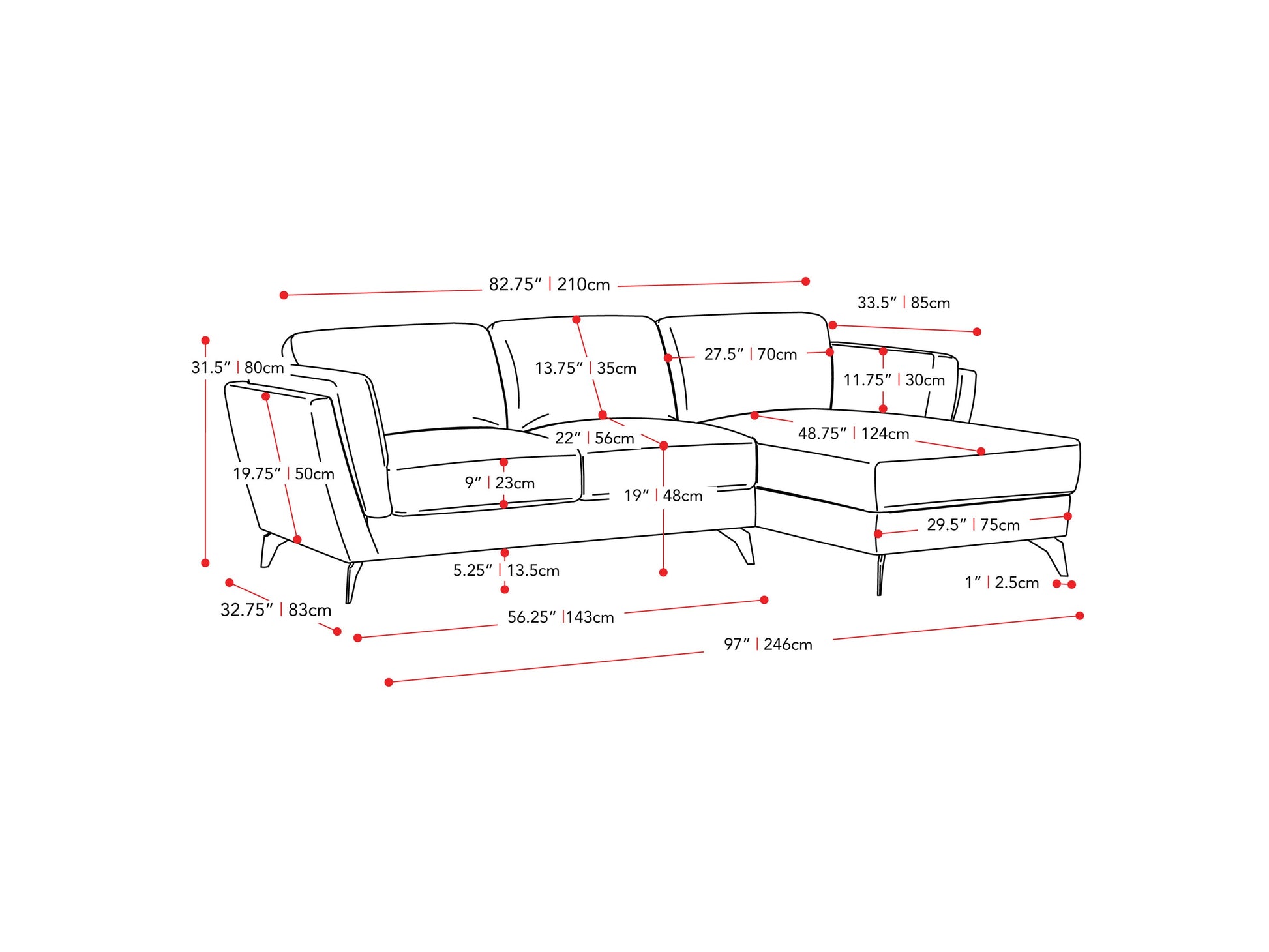 deep blue L Shaped Sofa, Right Facing Lansing Collection measurements diagram by CorLiving#color_lansing-deep-blue