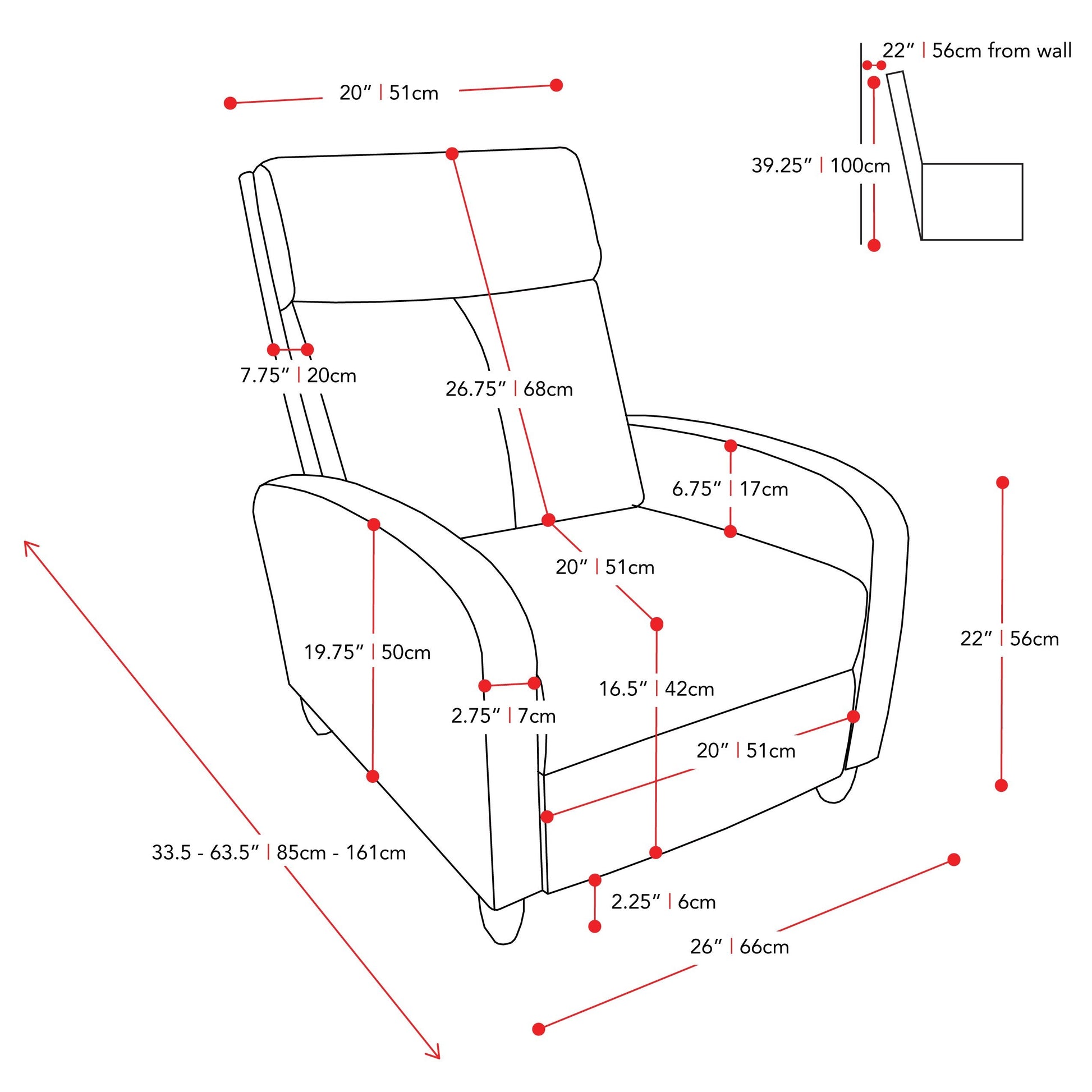 Grey Recliner CorLiving Collection measurements diagram by CorLiving#color_light-grey