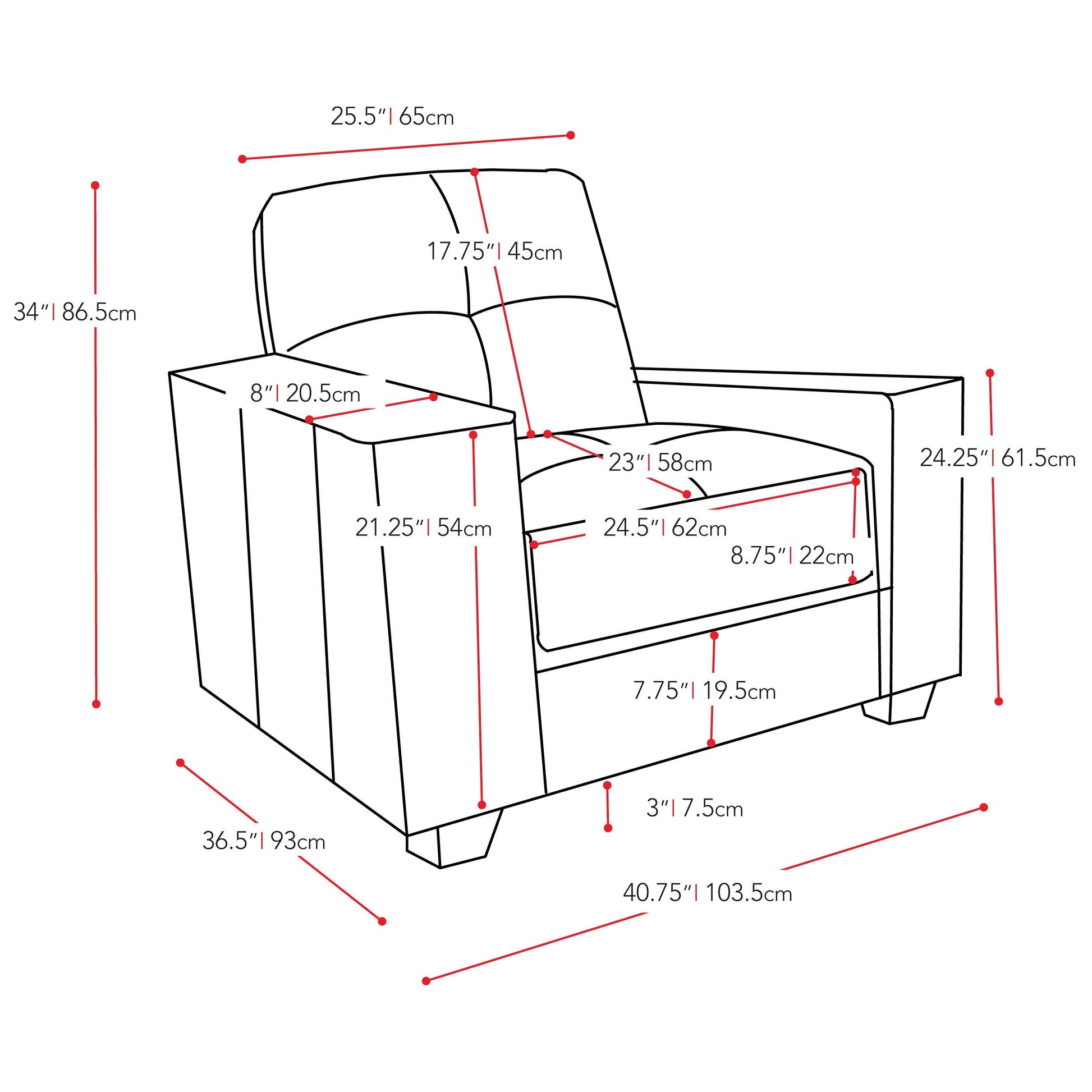 grey Wide Armchair Club Collection measurements diagram by CorLiving#color_grey