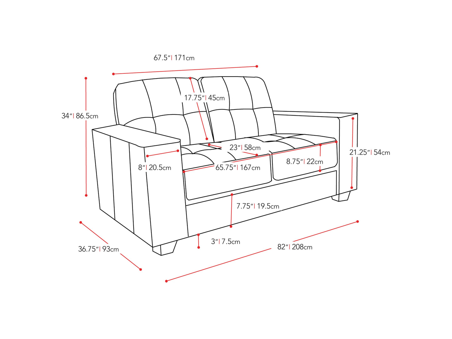 grey Contemporary Sofa Club collection measurements diagram by CorLiving#color_grey