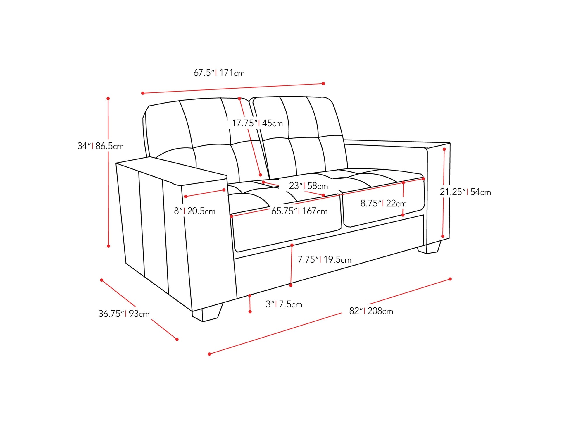 grey Contemporary Sofa Club collection measurements diagram by CorLiving#color_grey