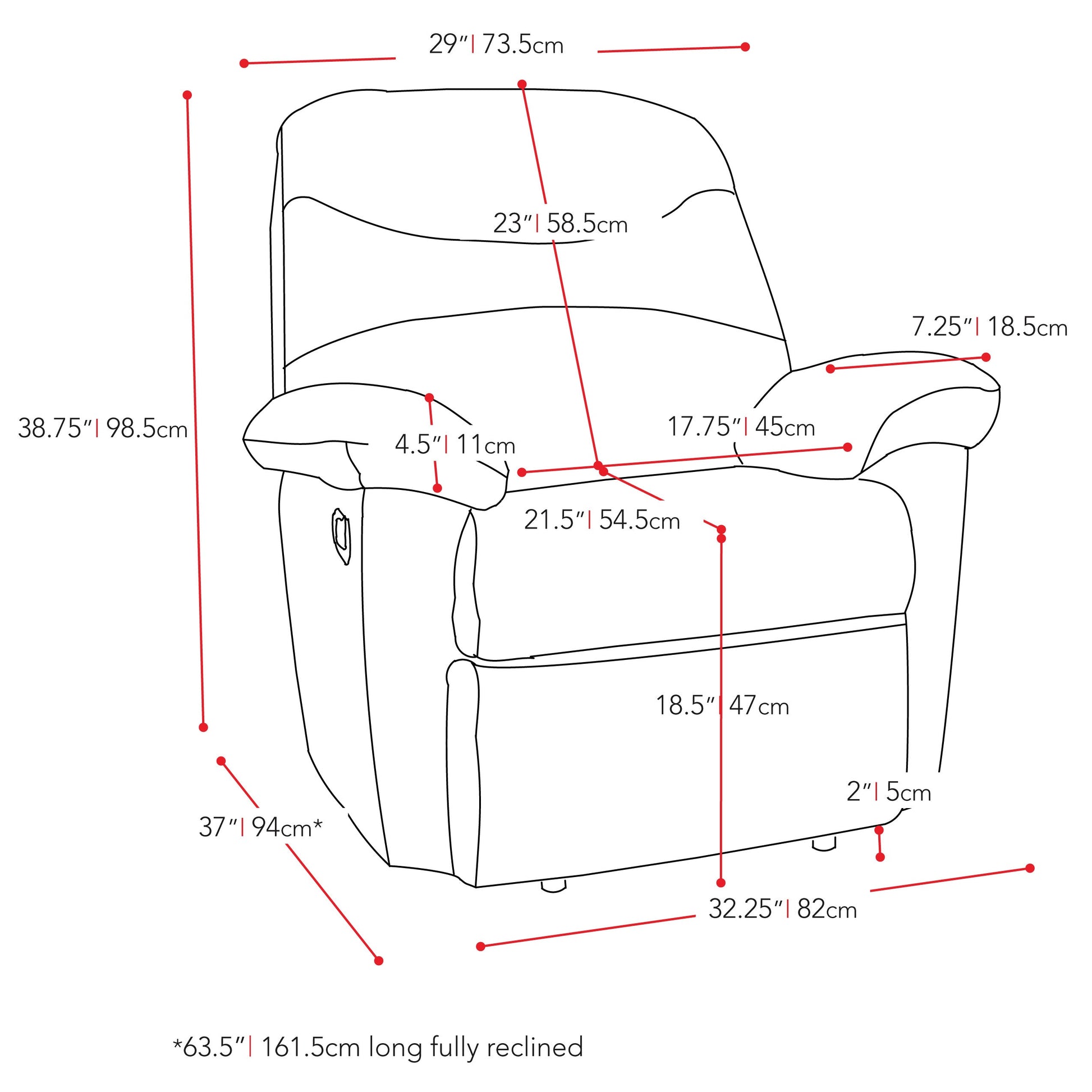 Brown Recliner Luke Collection measurements diagram by CorLiving#color_chocolate-brown