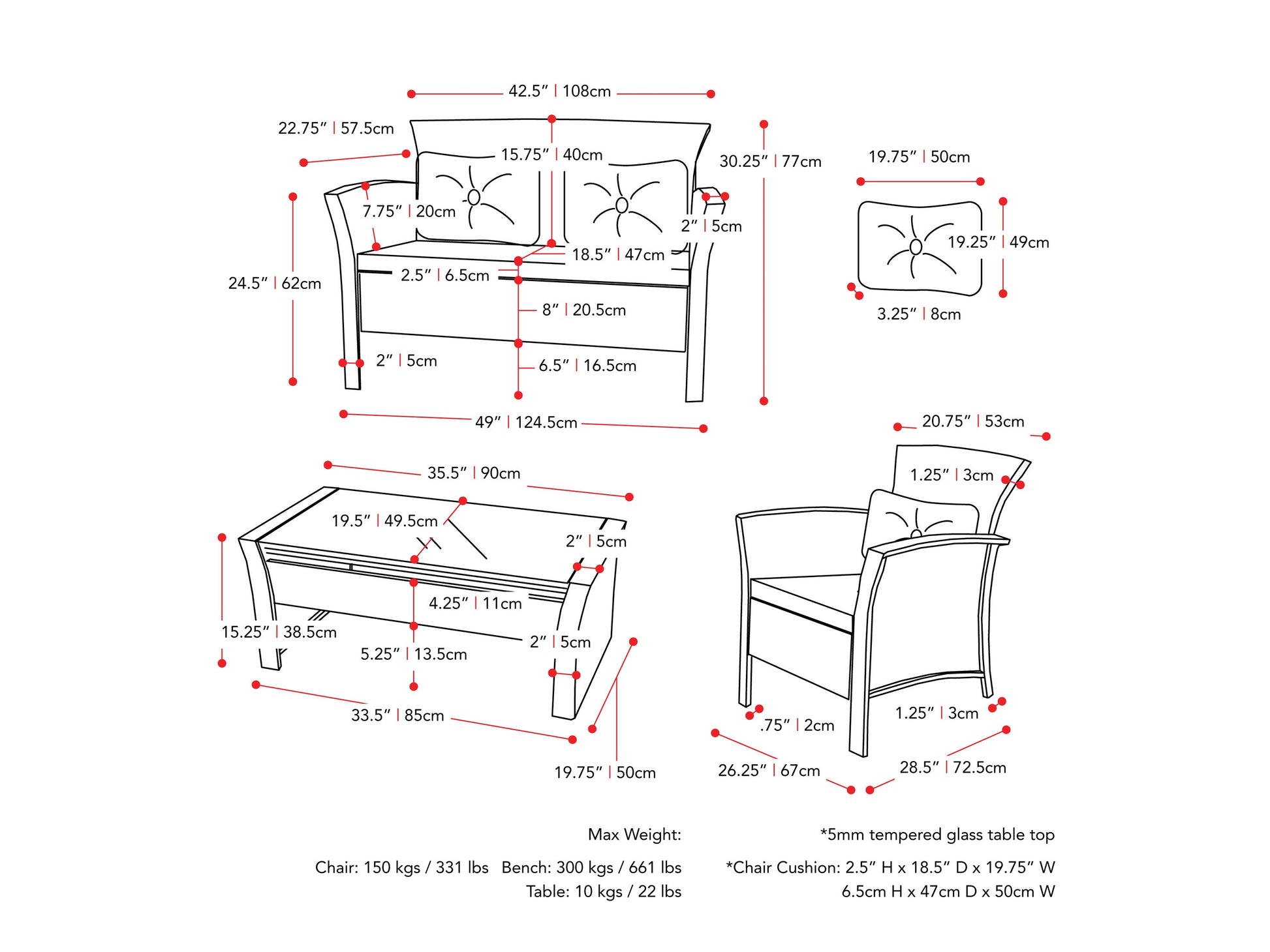 black and turquoise Wicker Patio Set, 4pc Cascade Collection measurements diagram by CorLiving#color_black-and-turquoise