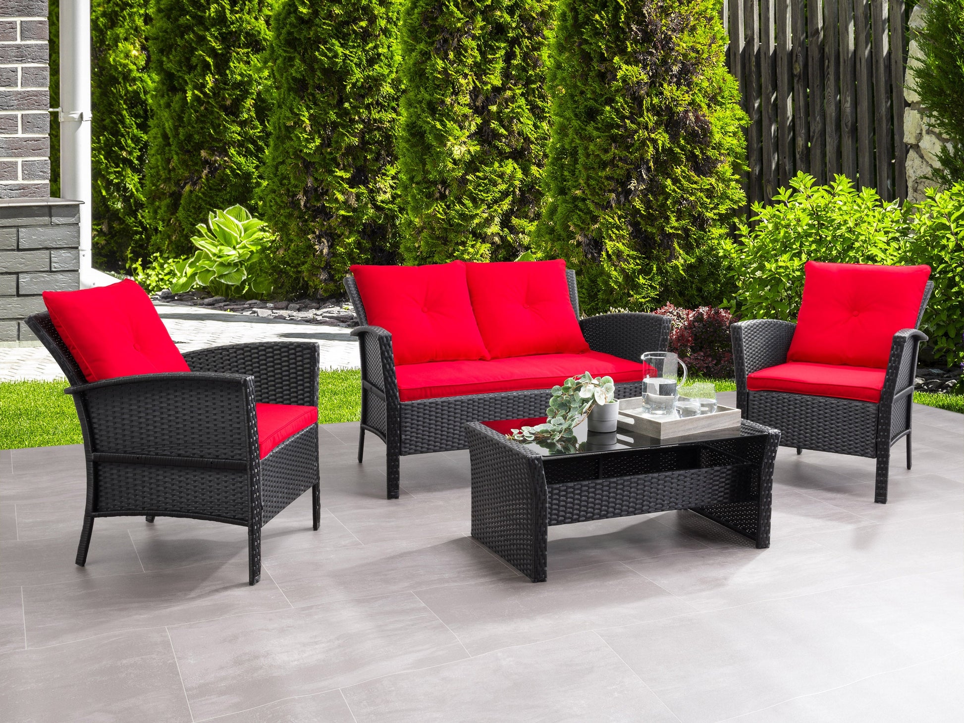 black and red Wicker Patio Set, 4pc Cascade Collection lifestyle scene by CorLiving#color_black-and-red