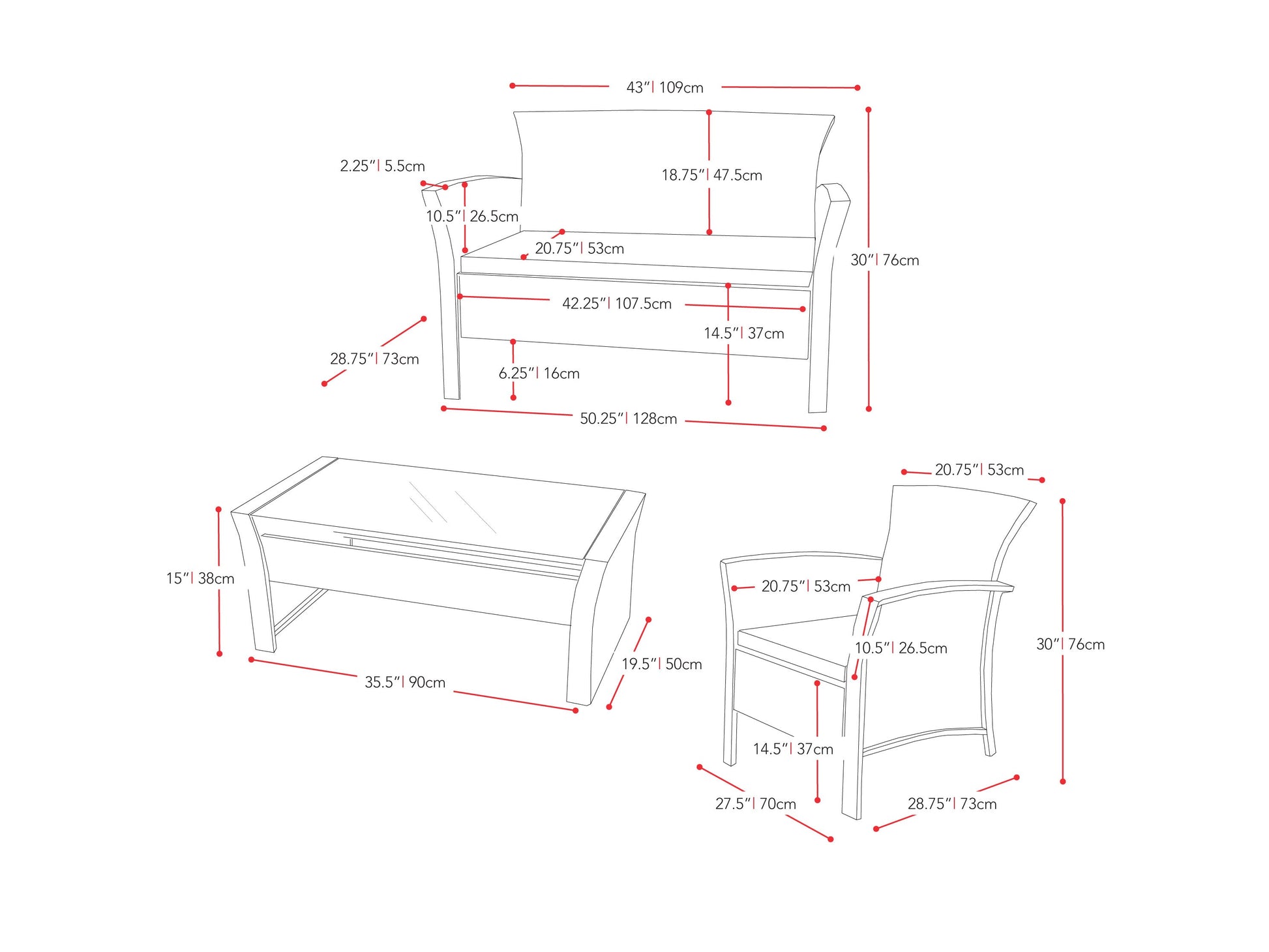 warm white 4 Piece Wicker Patio Set Cascade Collection measurements diagram by CorLiving#color_warm-white