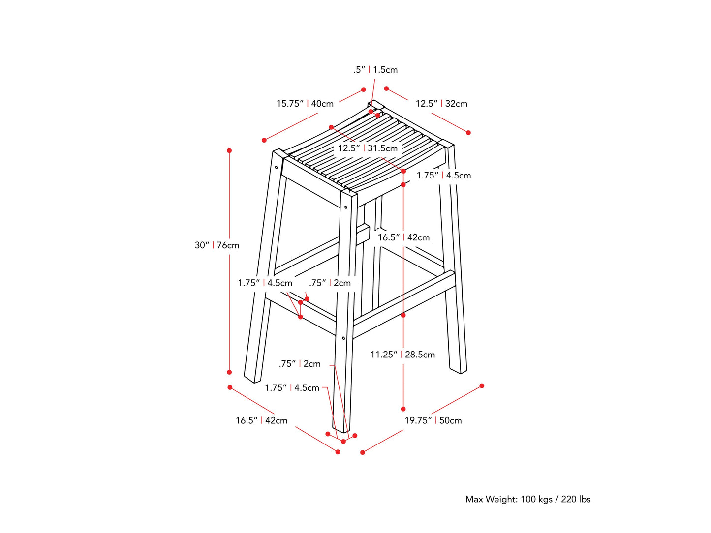 brown Natural Wood Bar Stools, Set of 2 Miramar Collection measurements diagram by CorLiving#color_miramar-brown